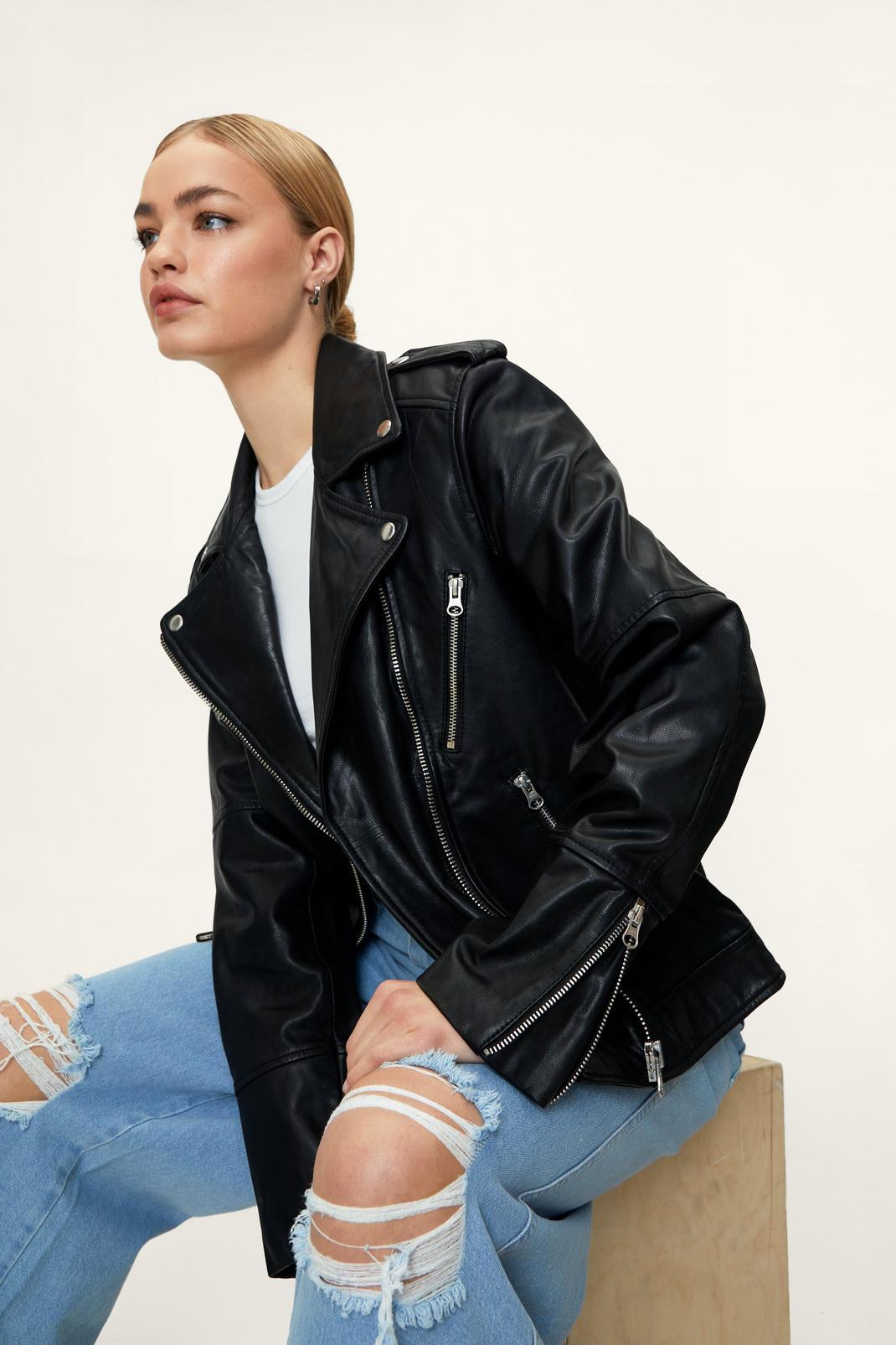 Real Leather Zip Detail Biker Jacket