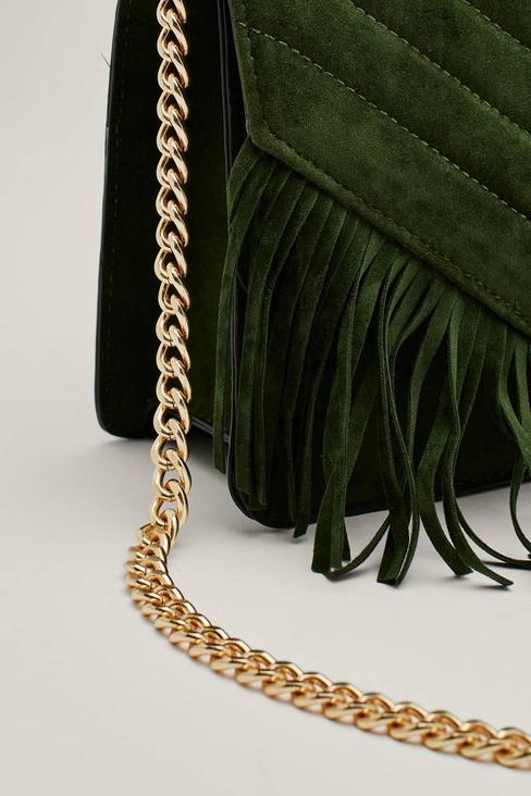 Faux Suede Chain Strap Fringed Crossbody Bag