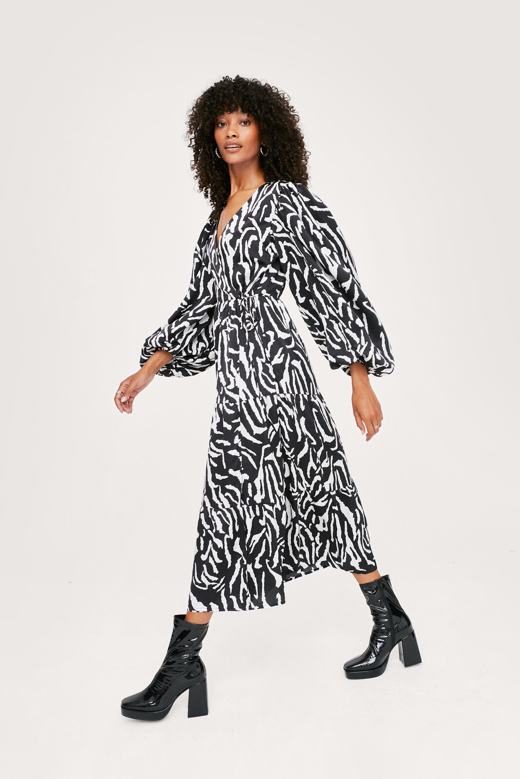 Zebra Long Sleeve Midi Wrap Dress