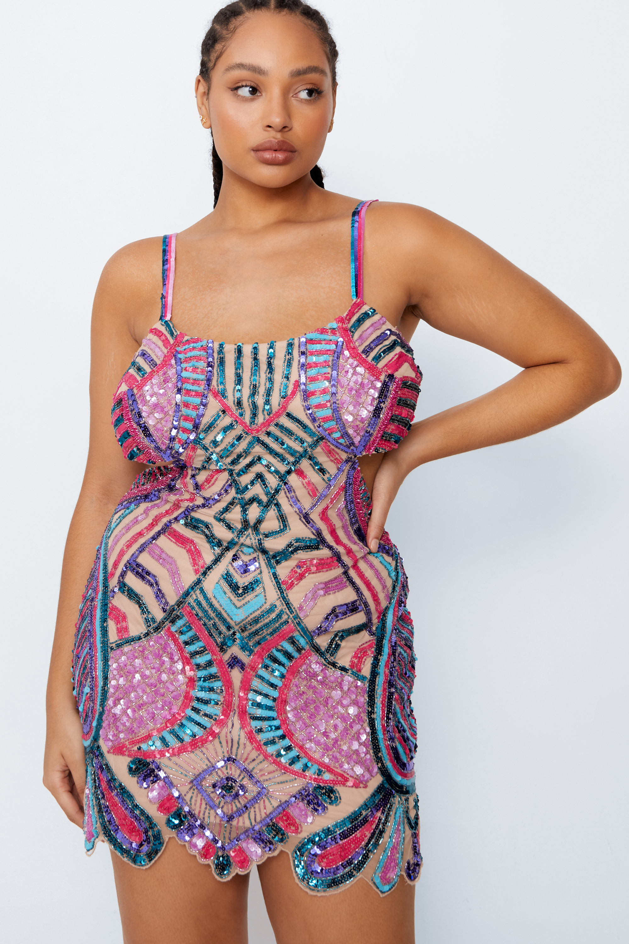 Plus Size Abstract Embellished Cut Out Mini Dress
