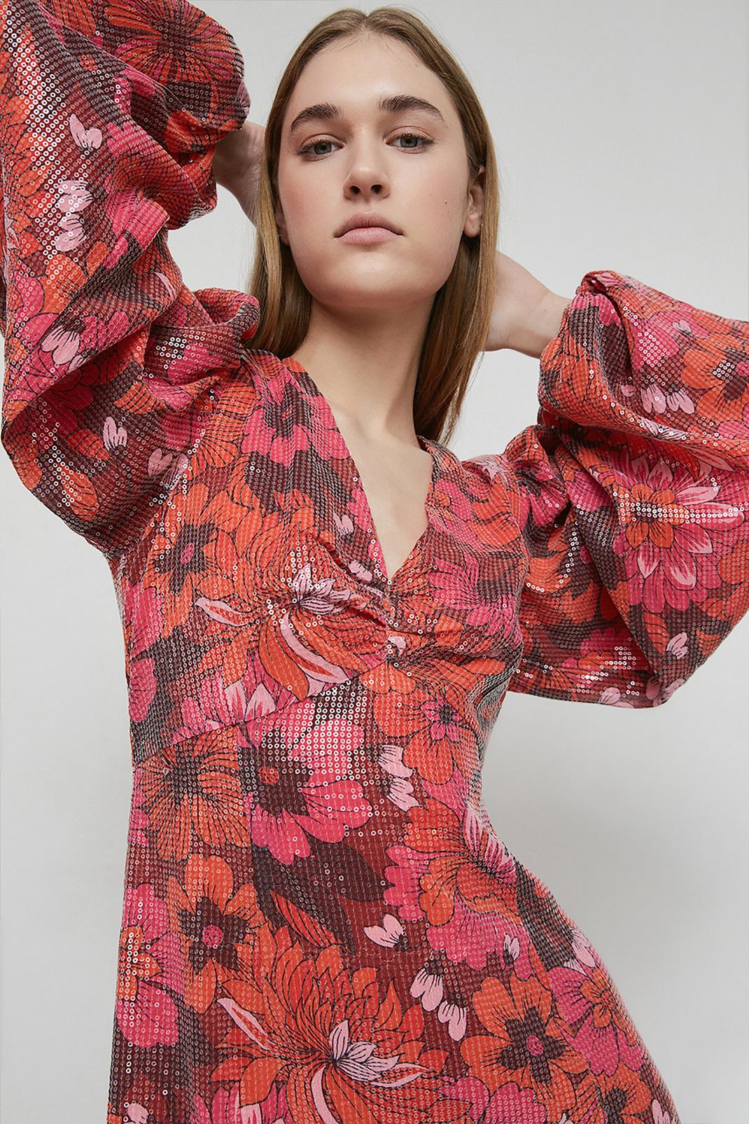 Warehouse Printed Sequin Midi Dress