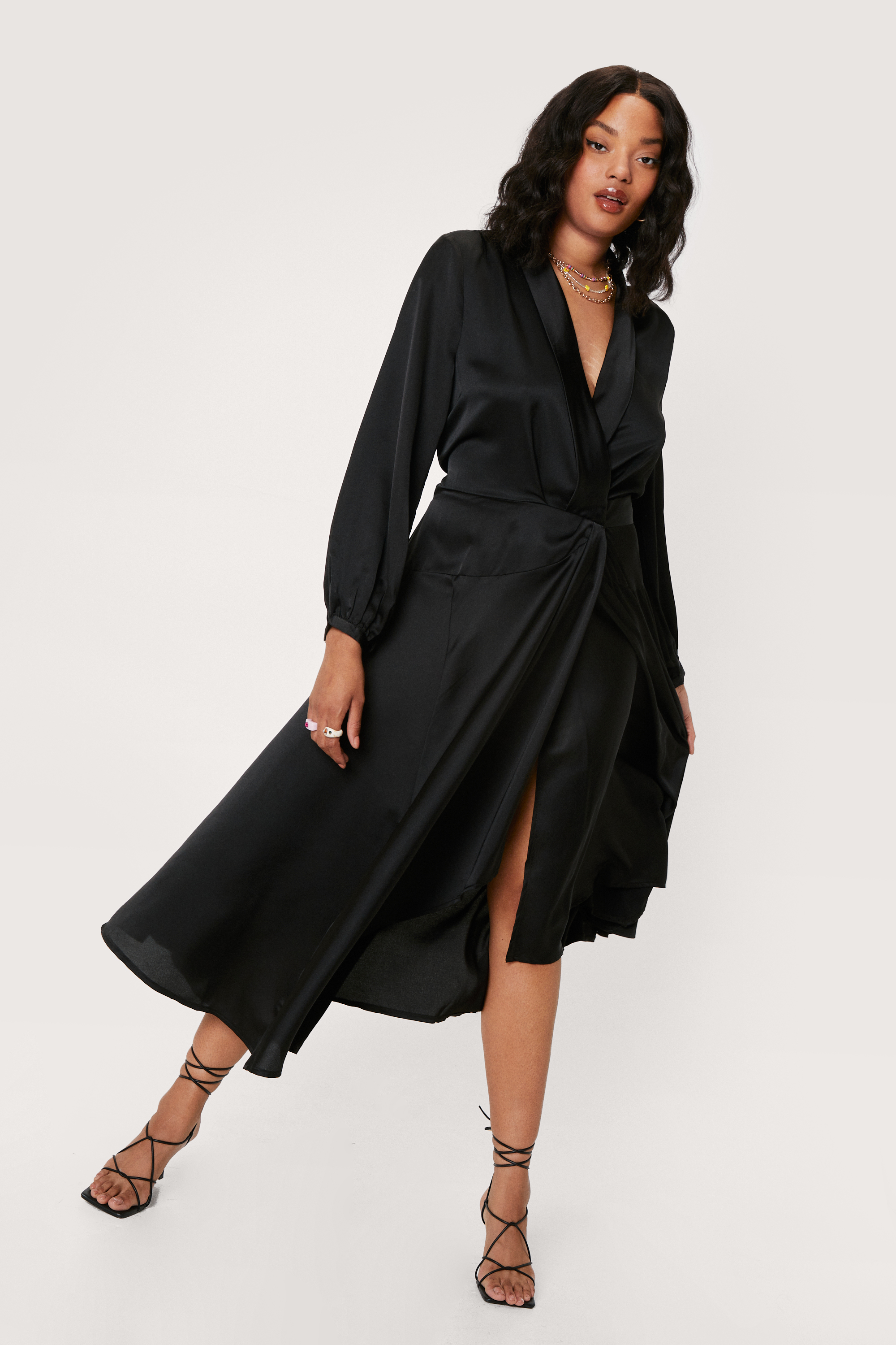 Plus Size Satin Wrap Midi Dress