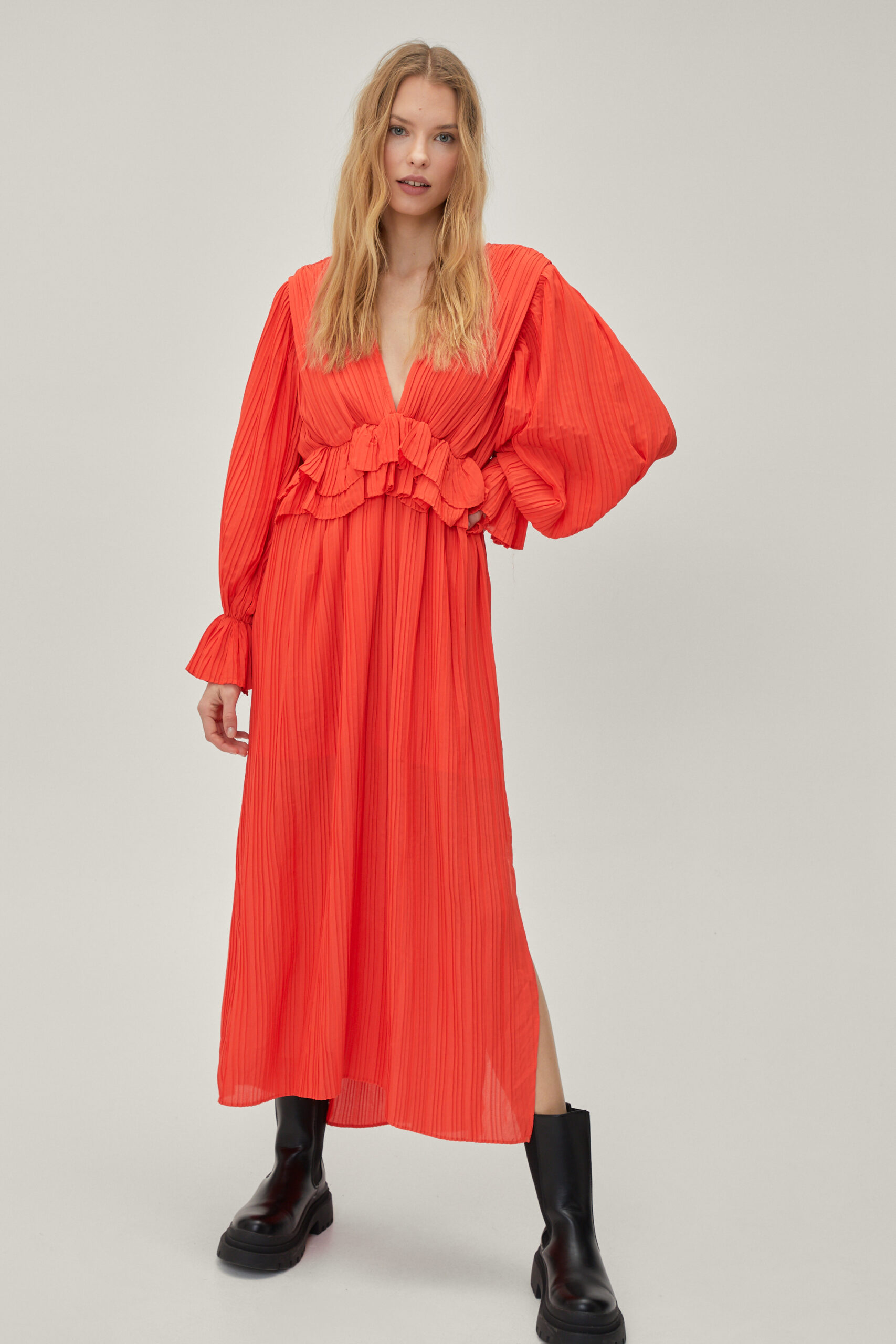 Ruffle Plunging Pleated Maxi Dress