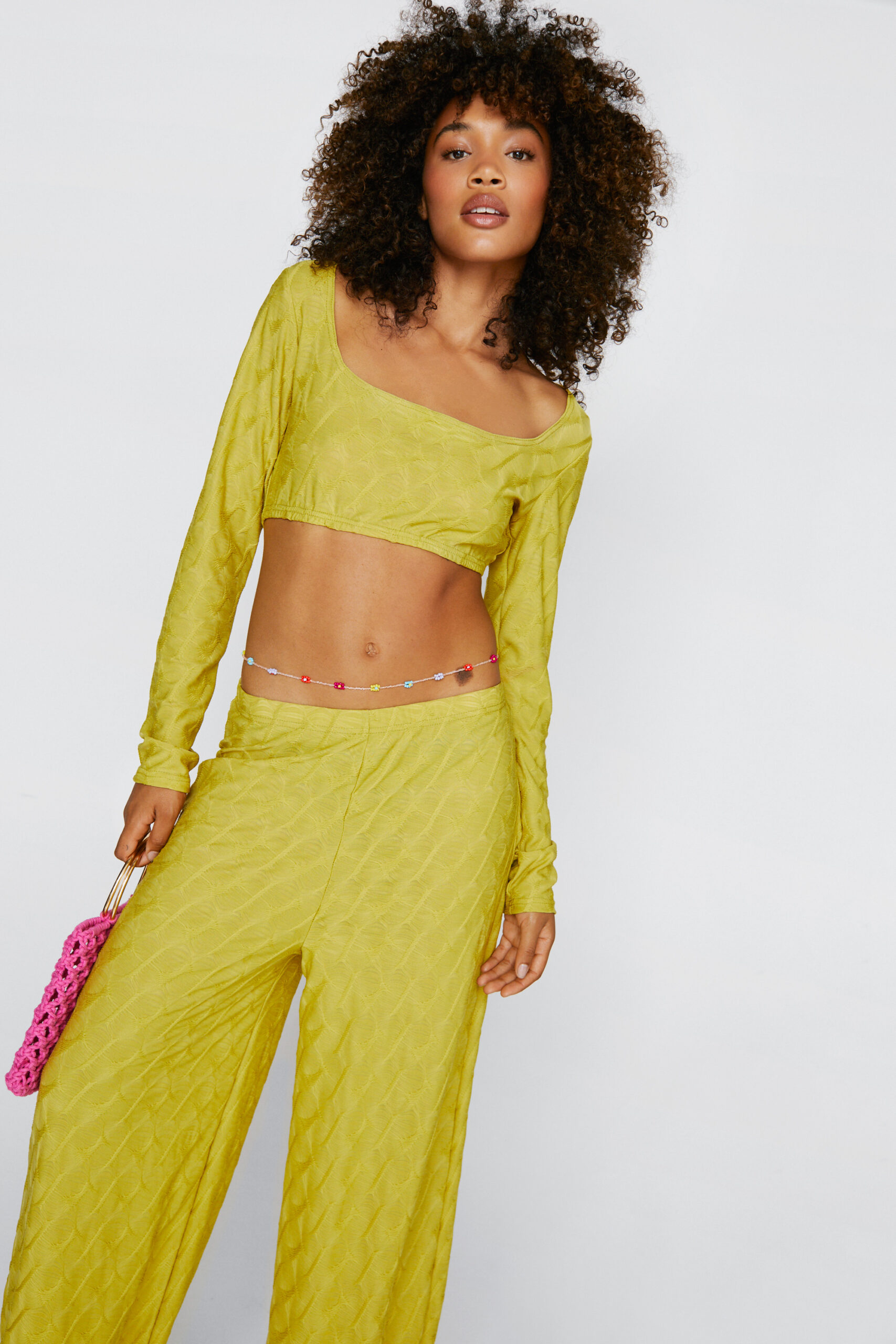 Textured Crop Top And Wide Leg Pants Set