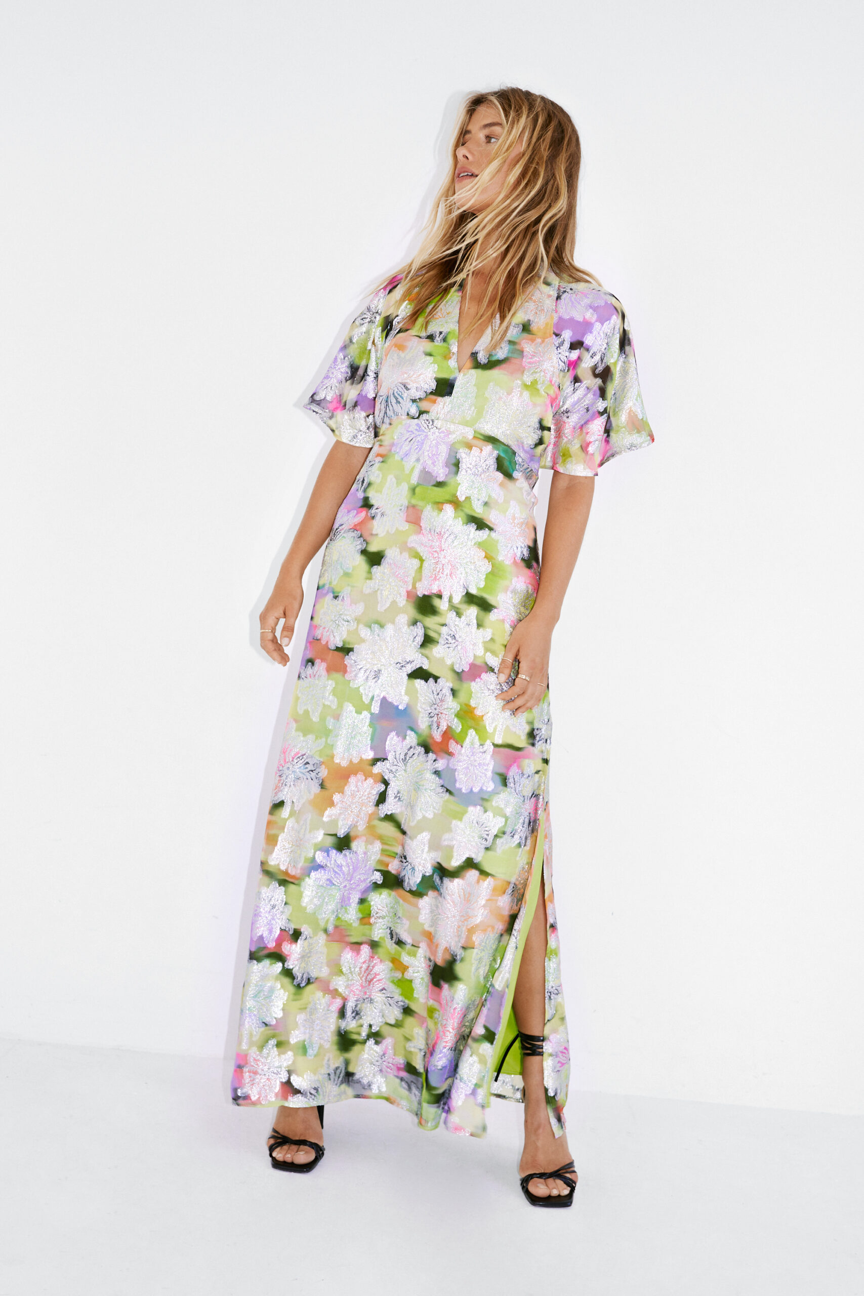 Metallic Floral Print Angel Sleeve Maxi Dress