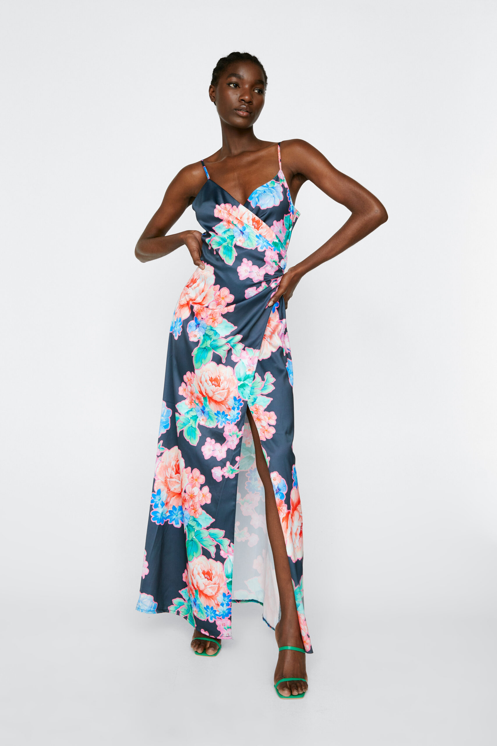 Floral Print Satin Wrap Maxi Dress
