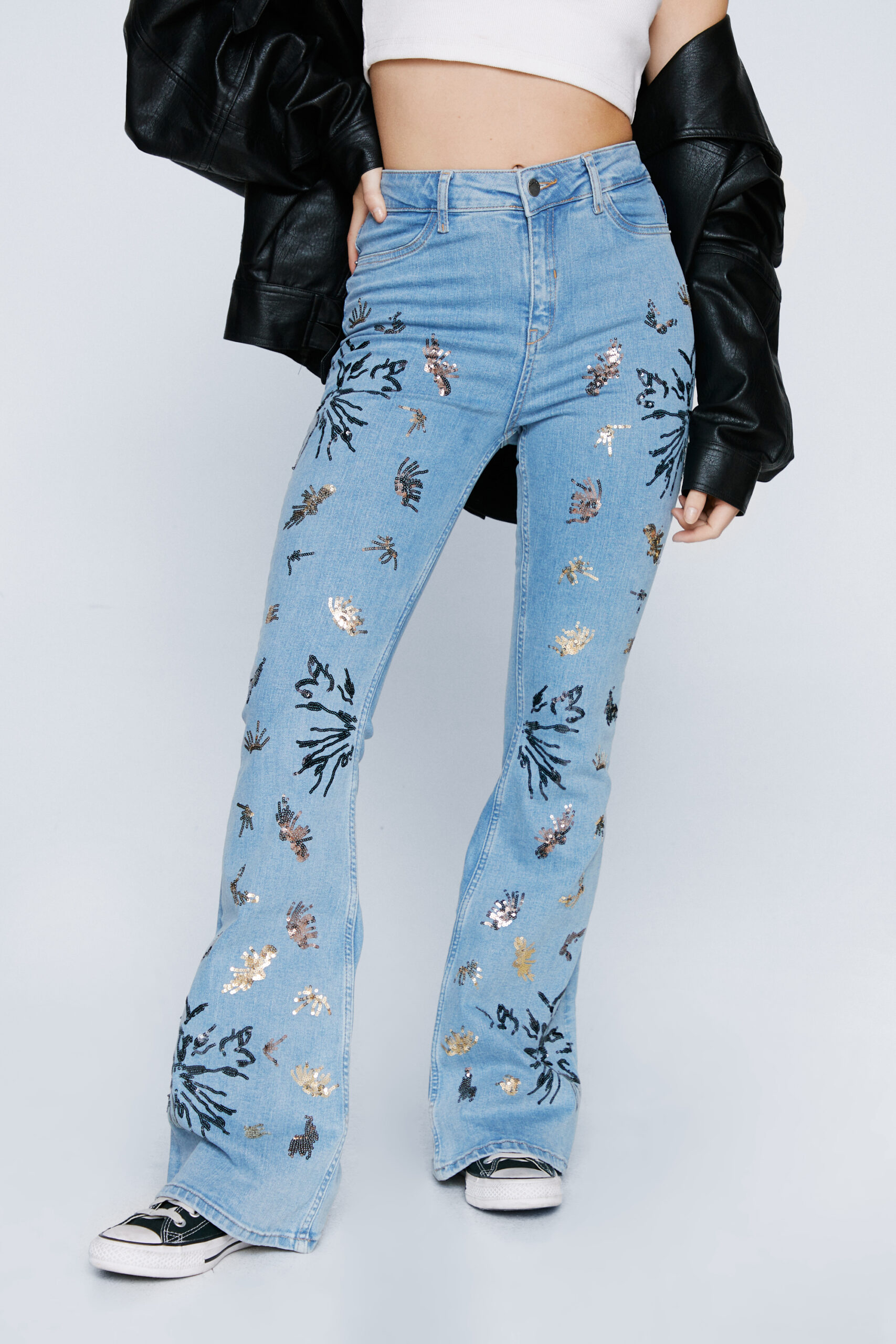 Sequin Embroidered Flare Jean 