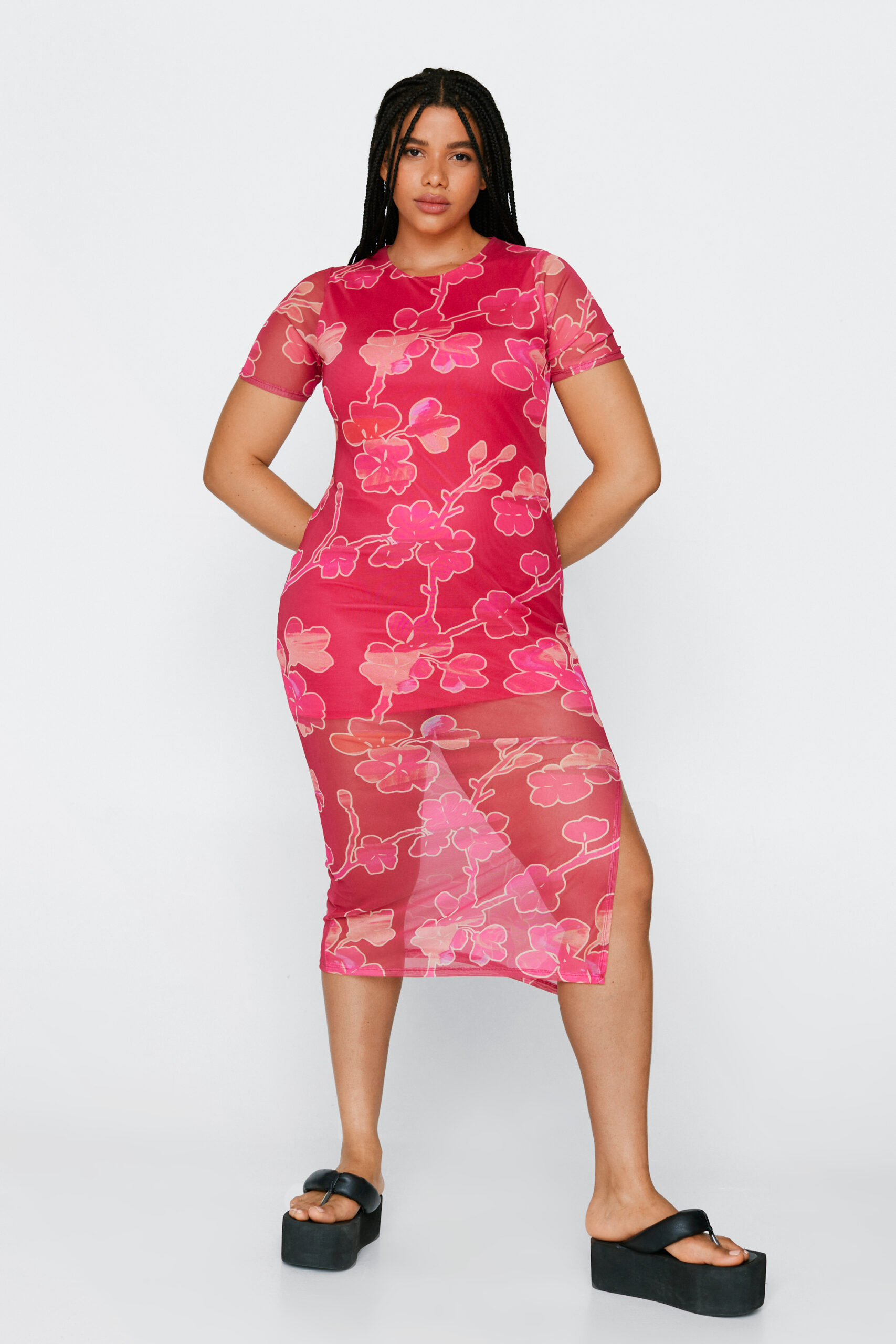 Plus Size Floral Print Mesh Midi Dress