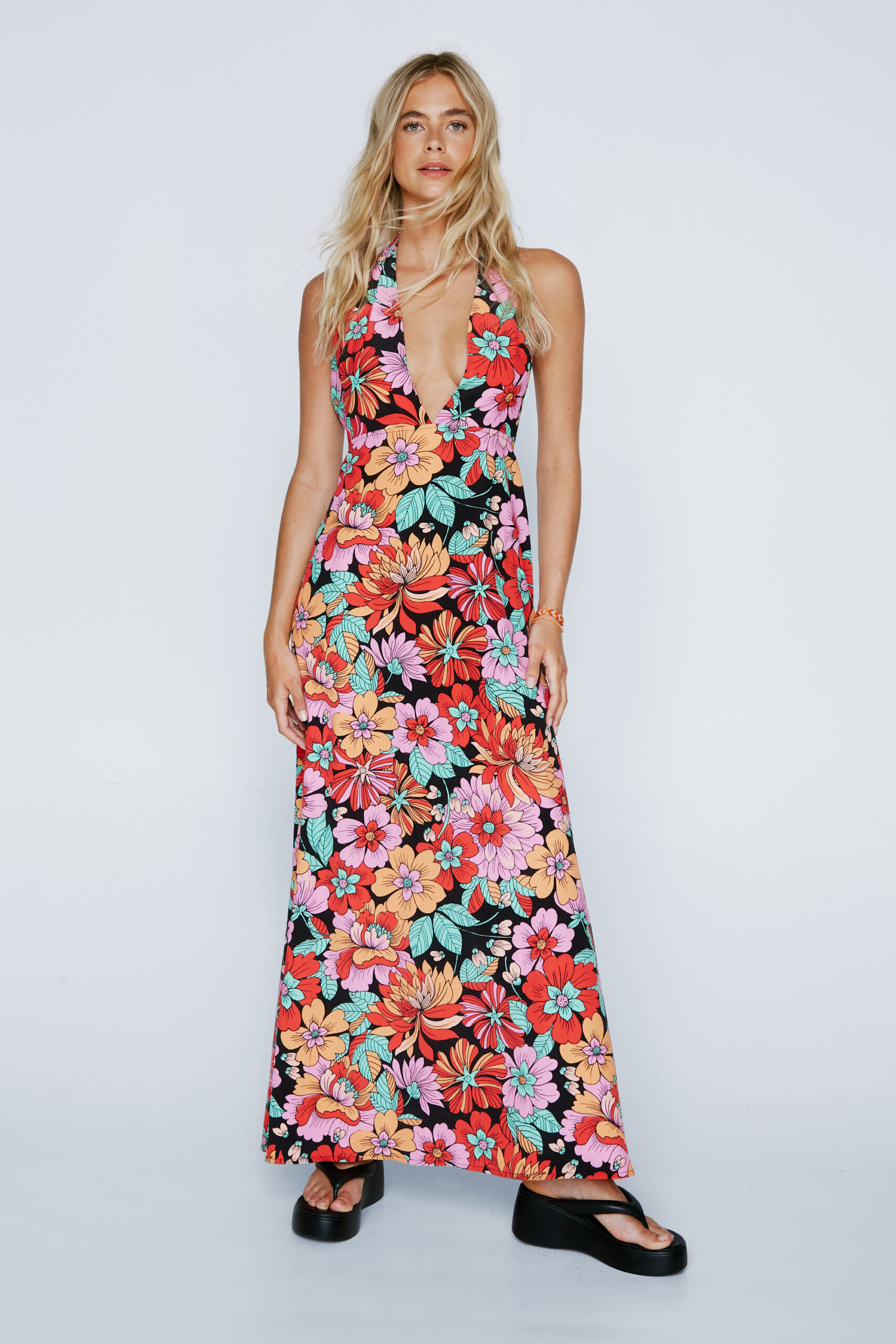 Bold Floral Print Plunge Maxi Dress