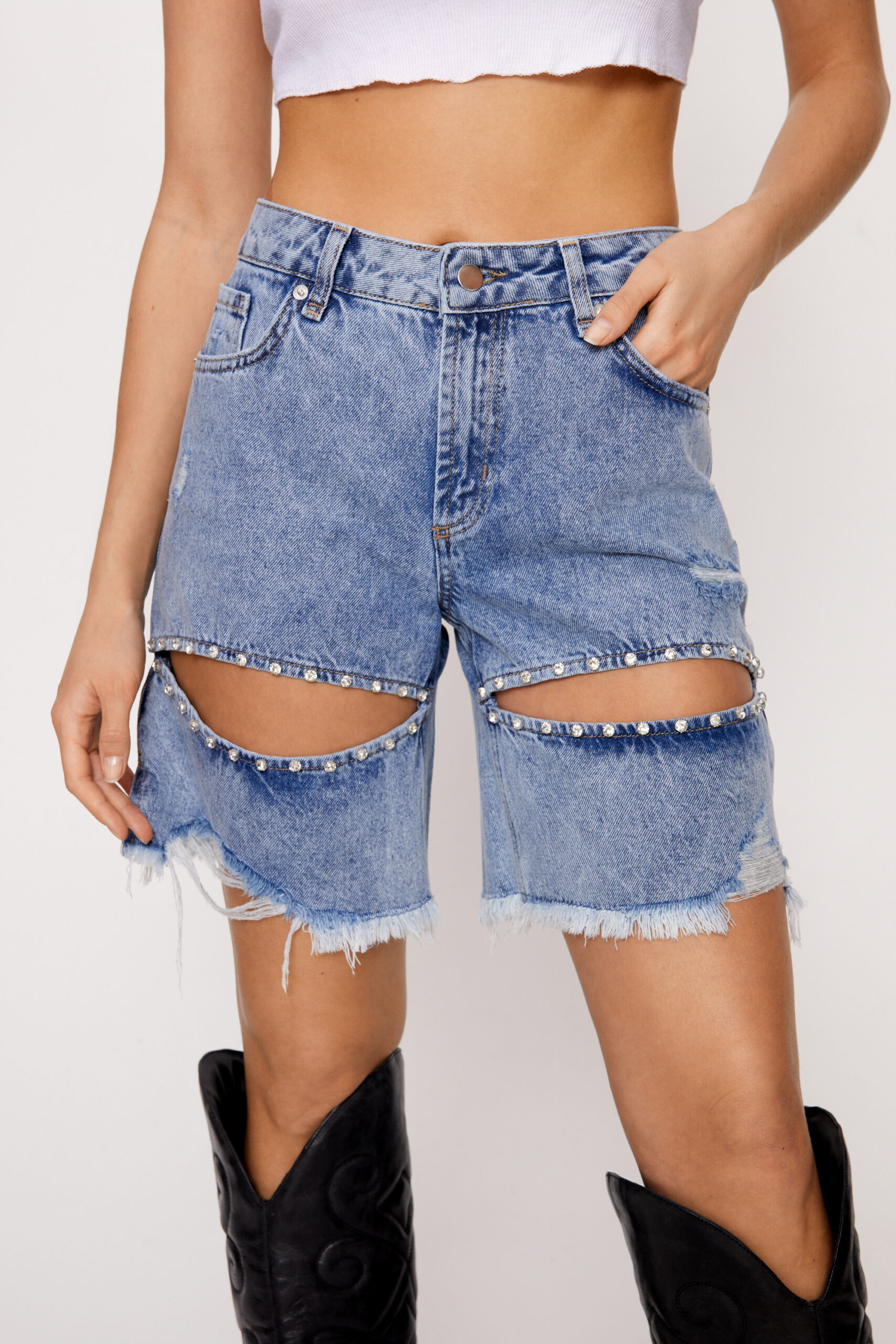 Premium Bling Busted Knee Longline Denim Shorts