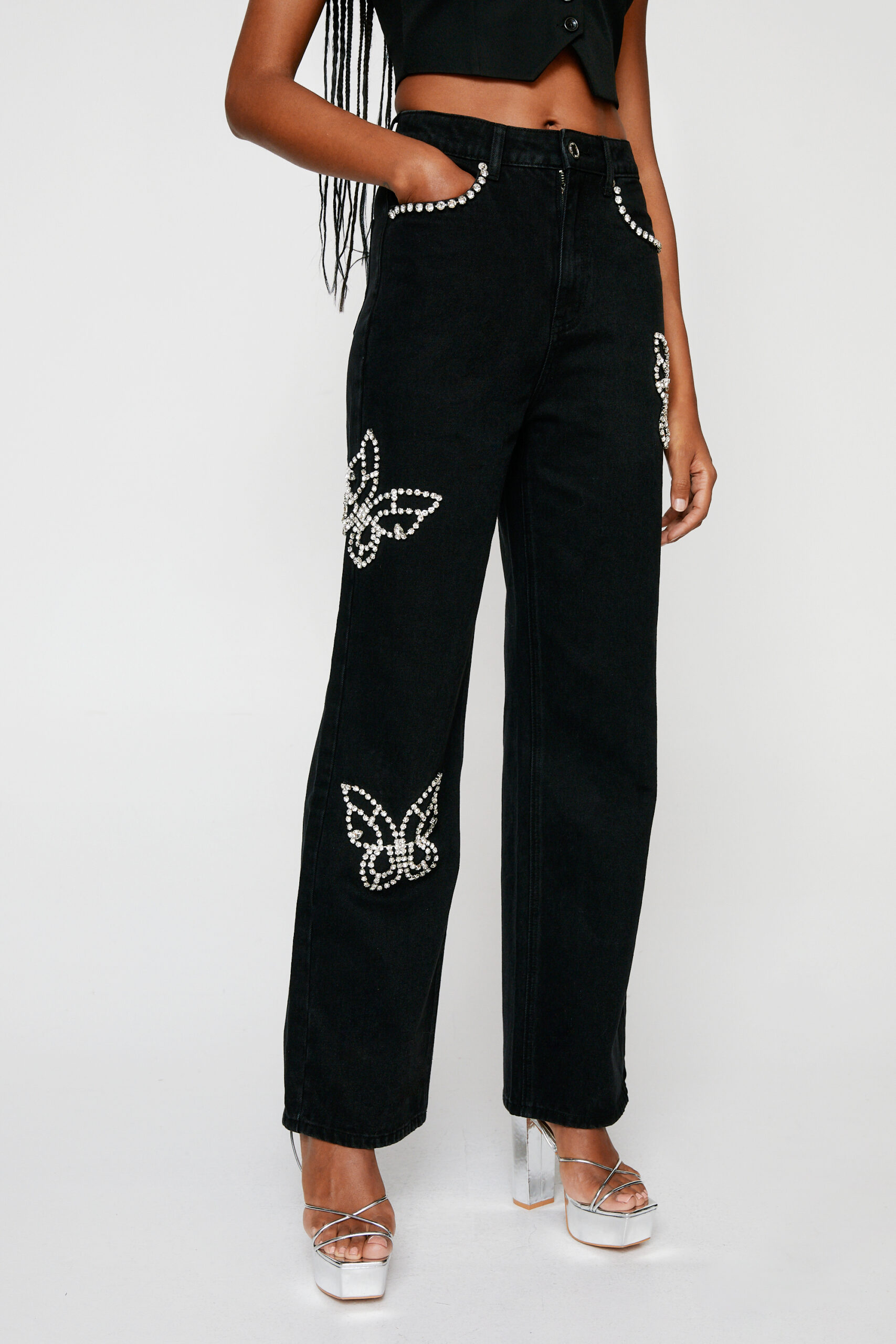 Butterfly Diamante Embellished Straight Leg Jeans