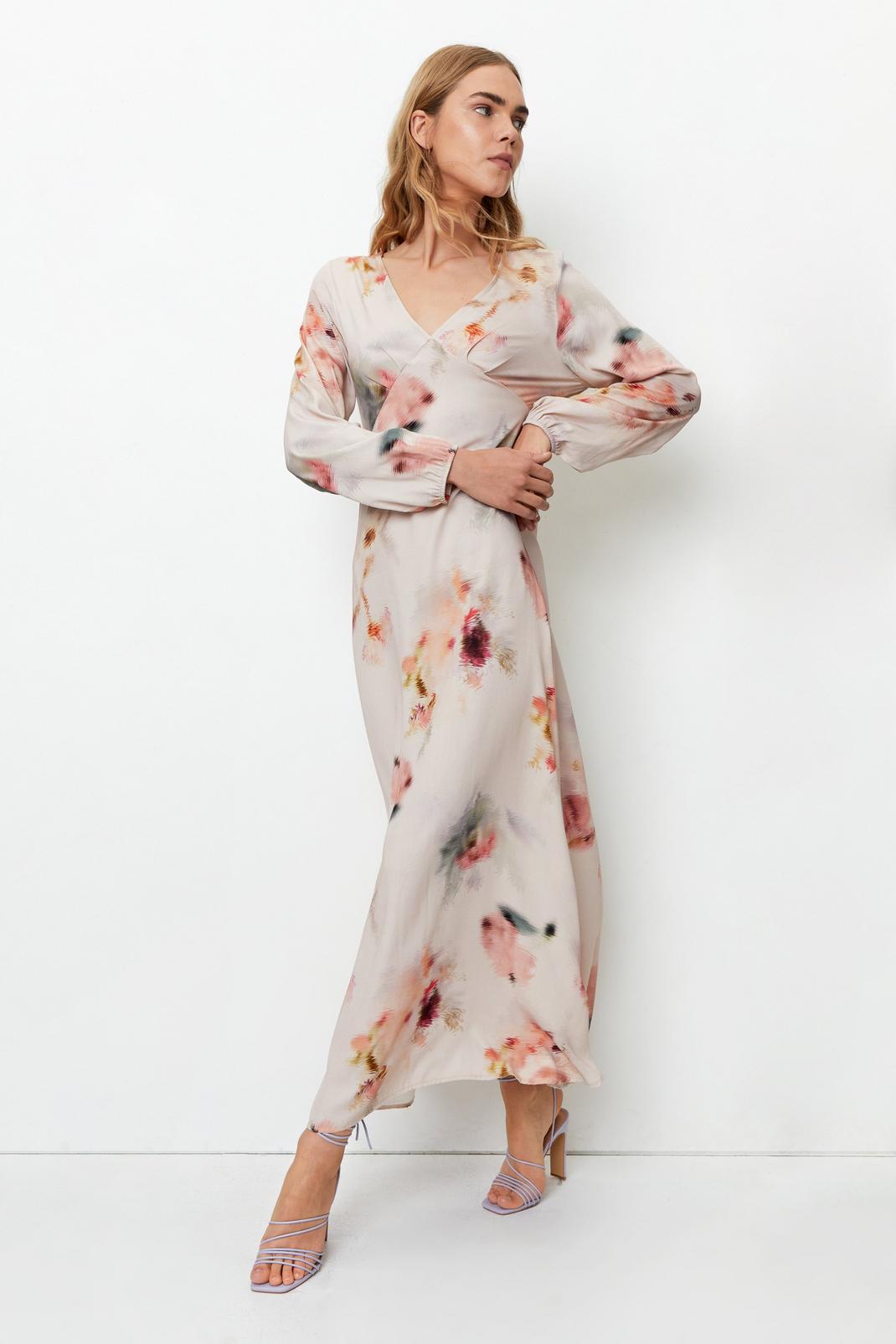 Blurred Floral Satin V Neck Maxi Dress