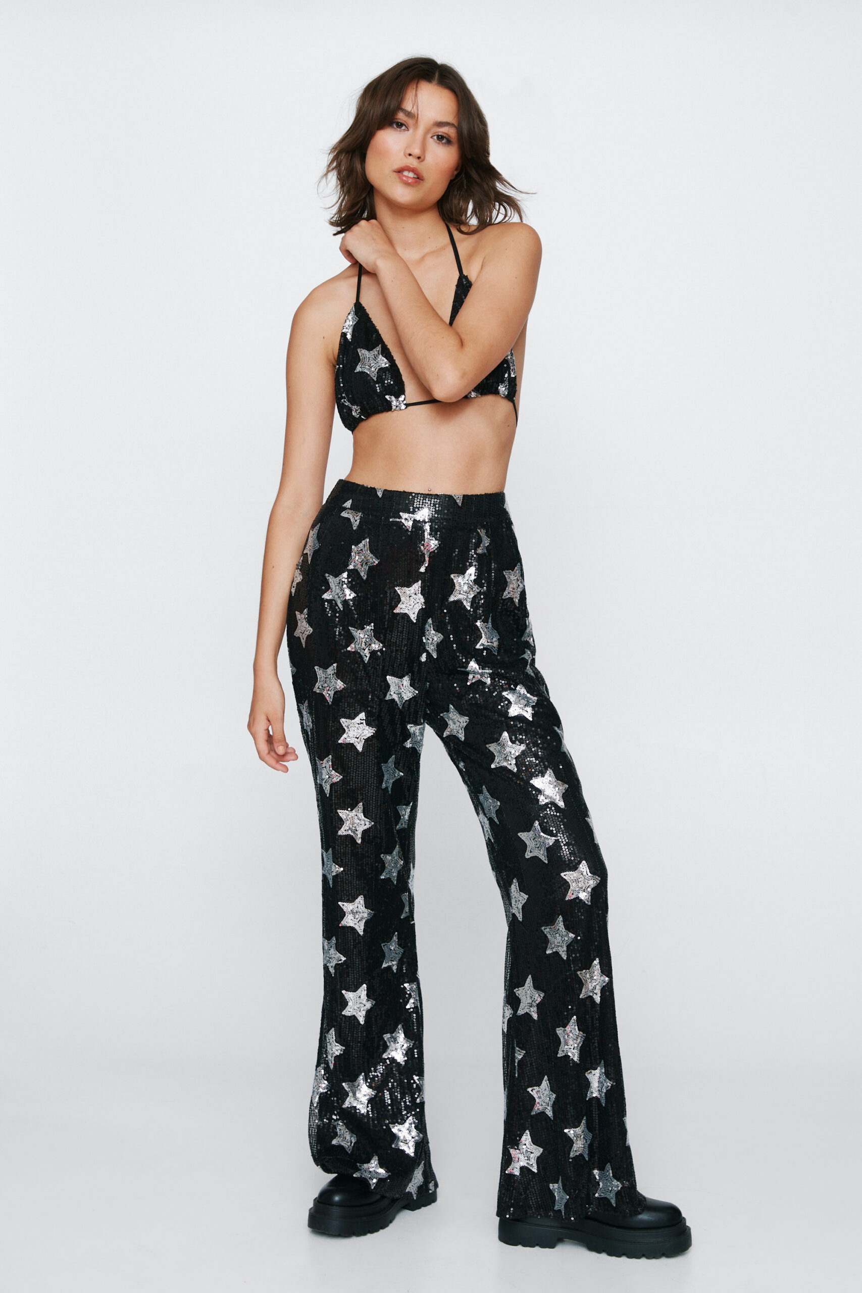 Star Sequin High Waisted Flared Pants