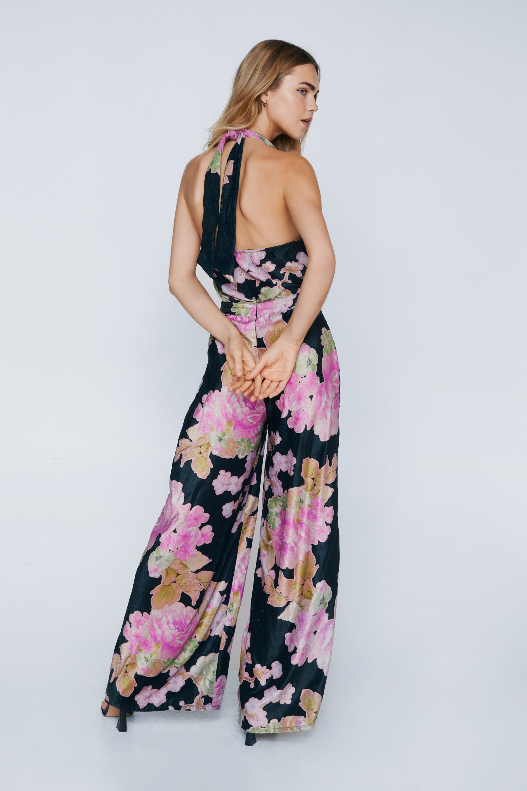 Velvet Floral Cross Halter Wide Leg Jumpsuit