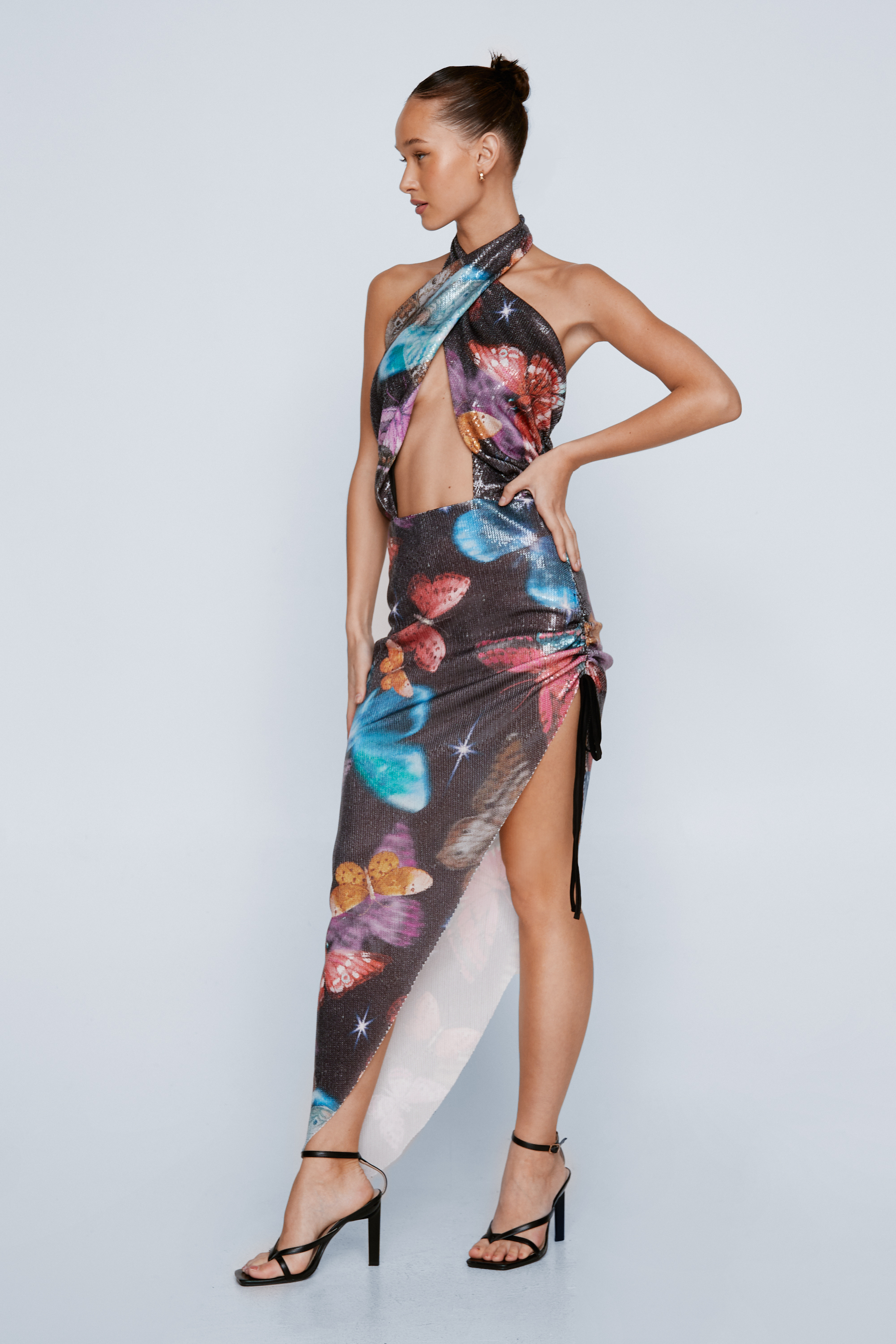 Printed Butterfly Sequin Halter Neck Midi Dress
