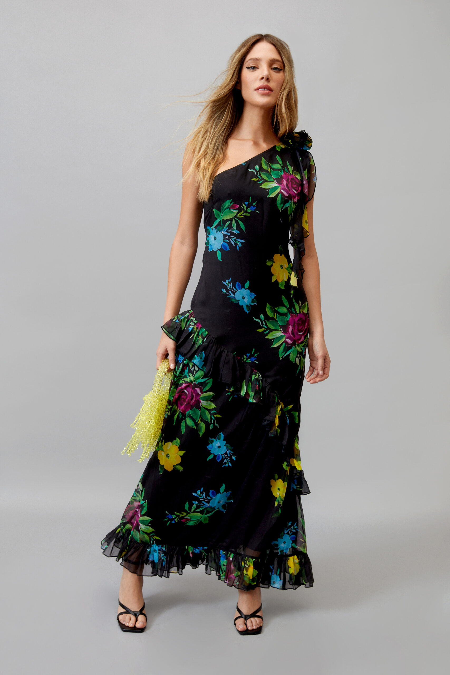 Floral Chiffon Ruffle One Shoulder Maxi Dress