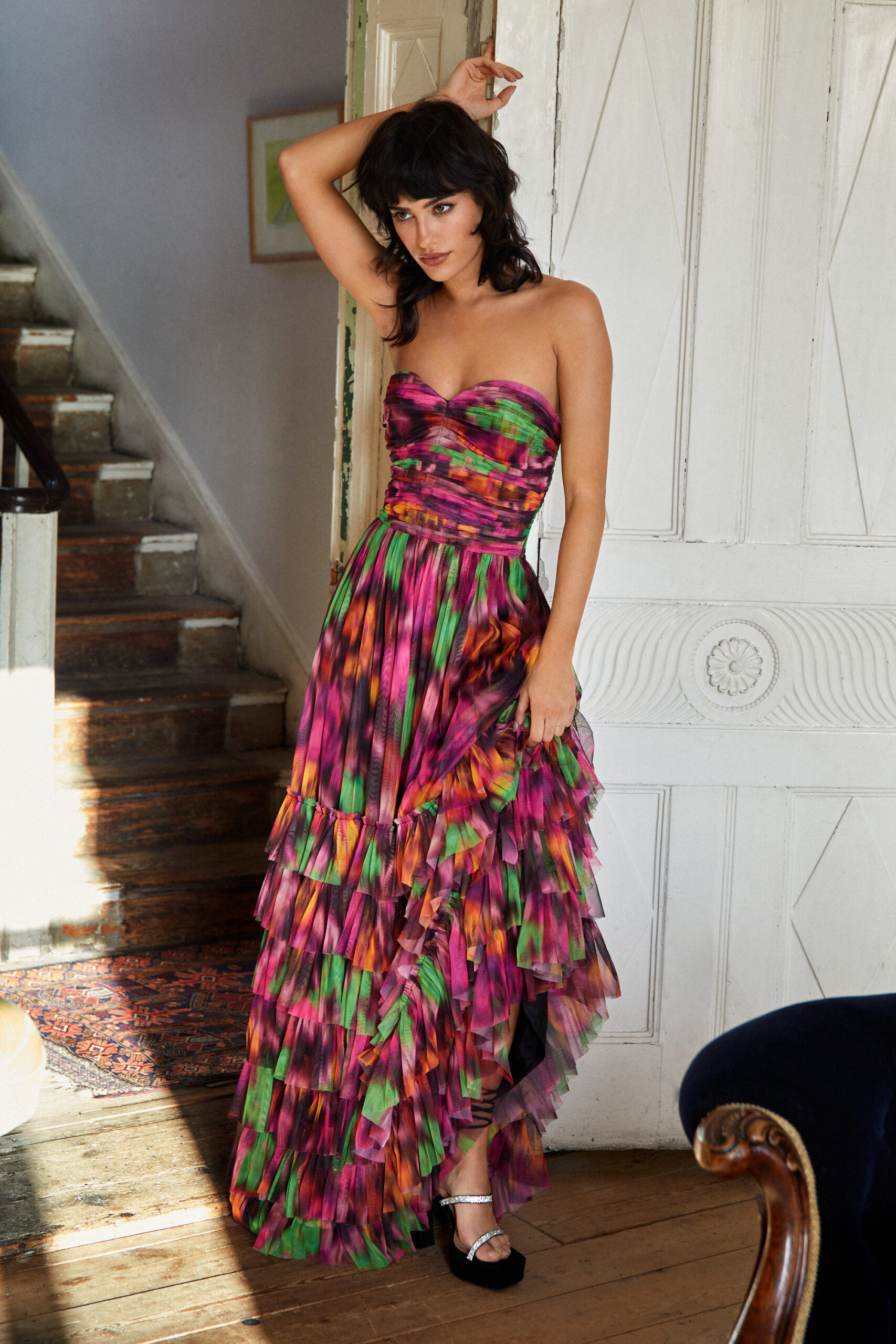 Floral Print Tulle Bandeau Maxi Dress