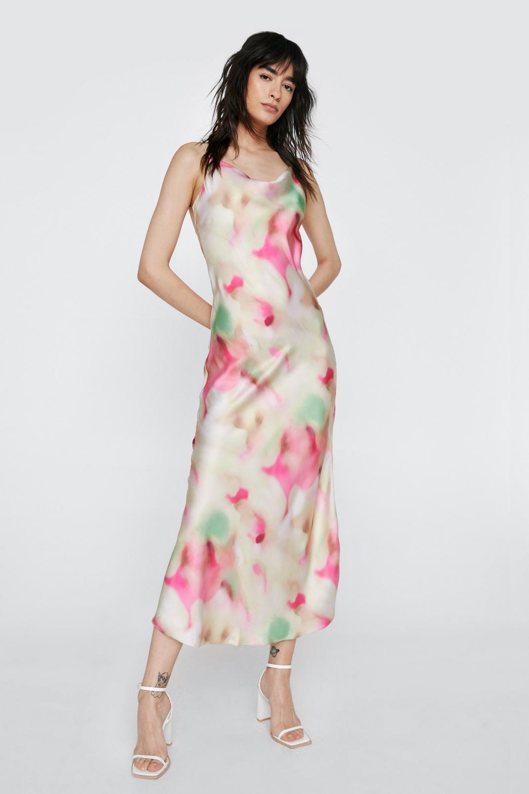 Blurred Floral Print Midi Slip Dress