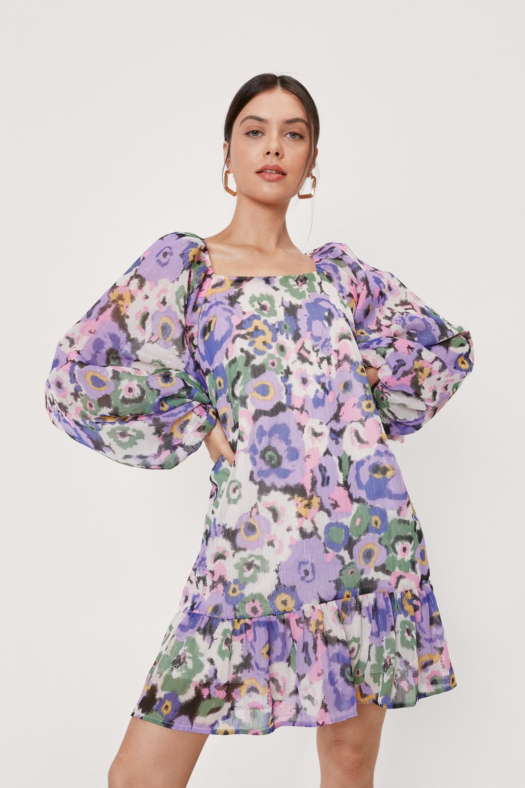 Floral Puff Sleeve Tie Back Smock Dress