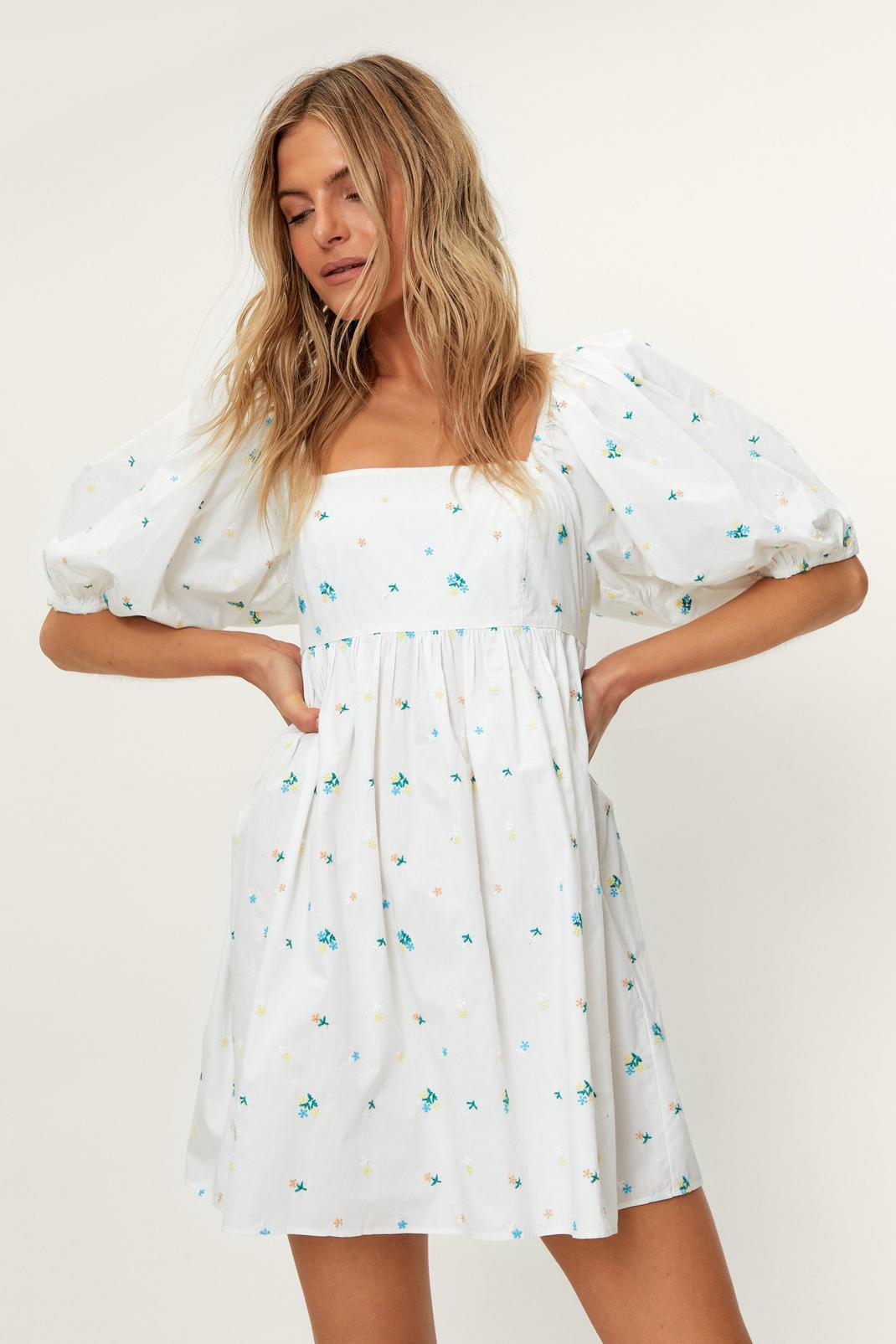Flower Embroidered Puff Sleeve Smock Dress