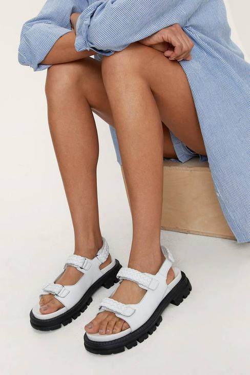 Faux Leather Woven Strap Chunky Sandals