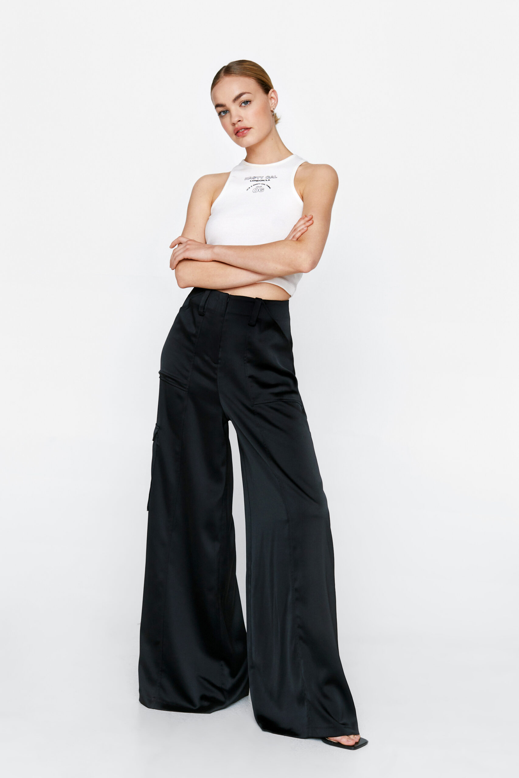 Satin Super Wide Leg Cargo Pants
