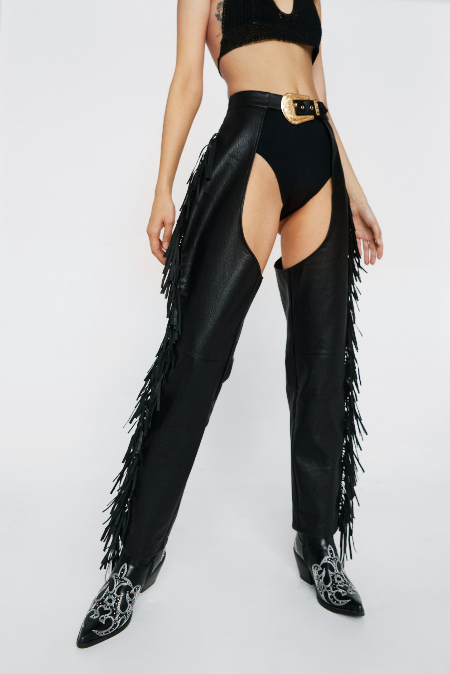 Fringed Belted Faux Leather Chaps