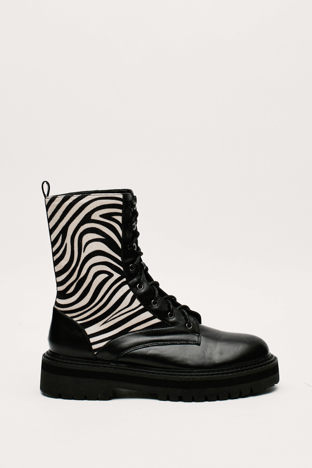 Faux Leather Zebra Panel Biker Boots 
