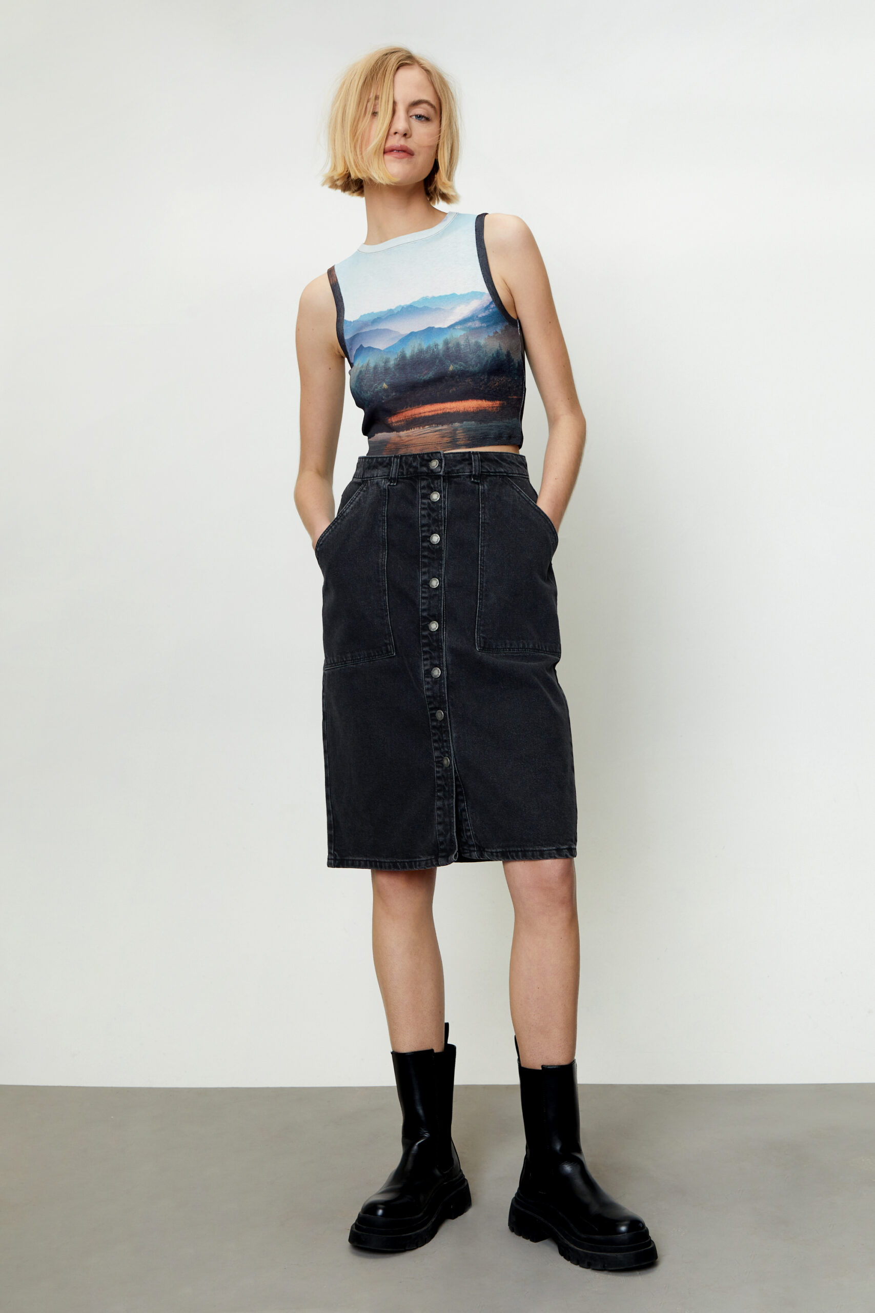 Button Down Denim Midi Skirt 