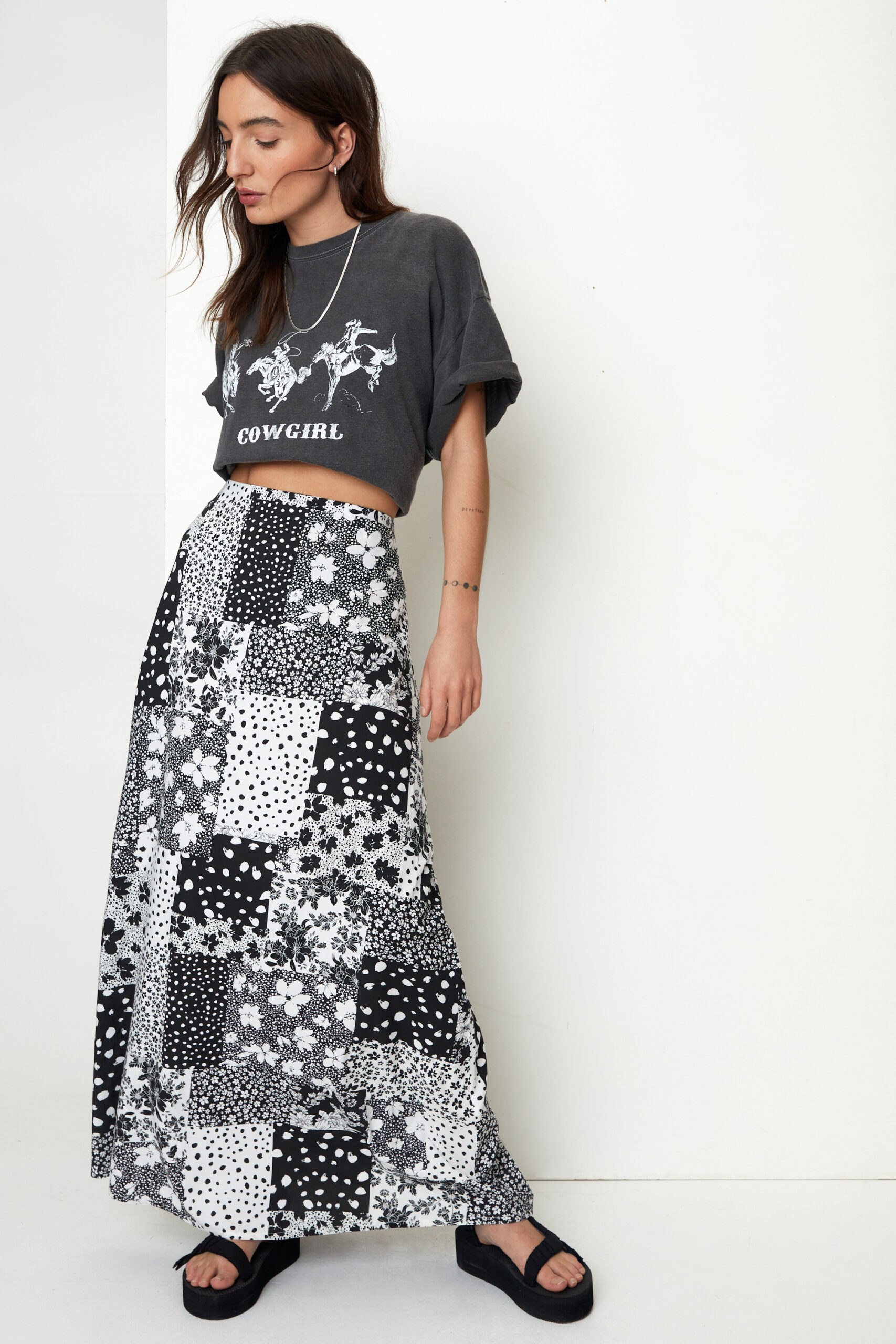 Petite Mono Mixed Print Split Side Maxi Skirt 