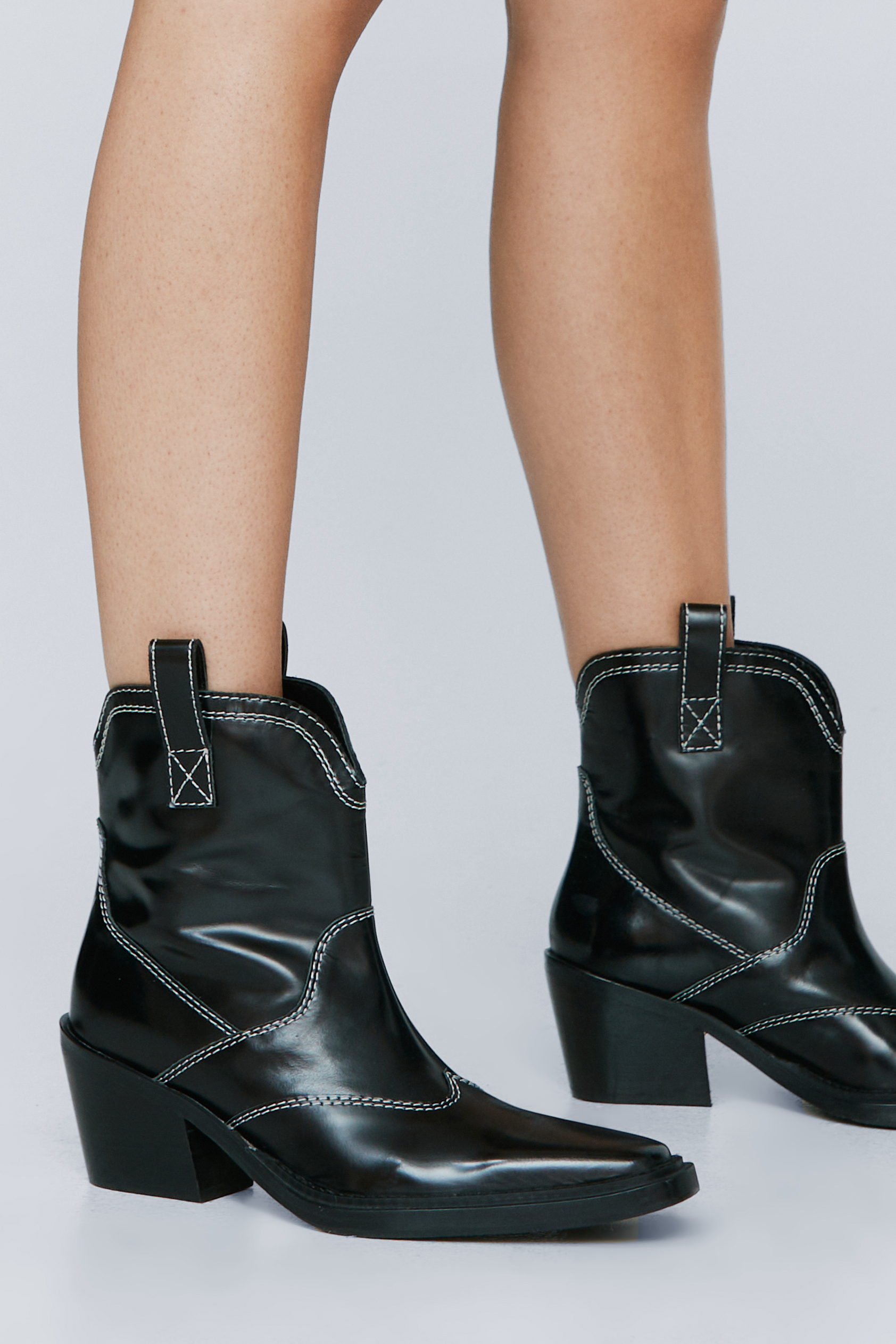 Leather Contrast Stitch Ankle Western Boots