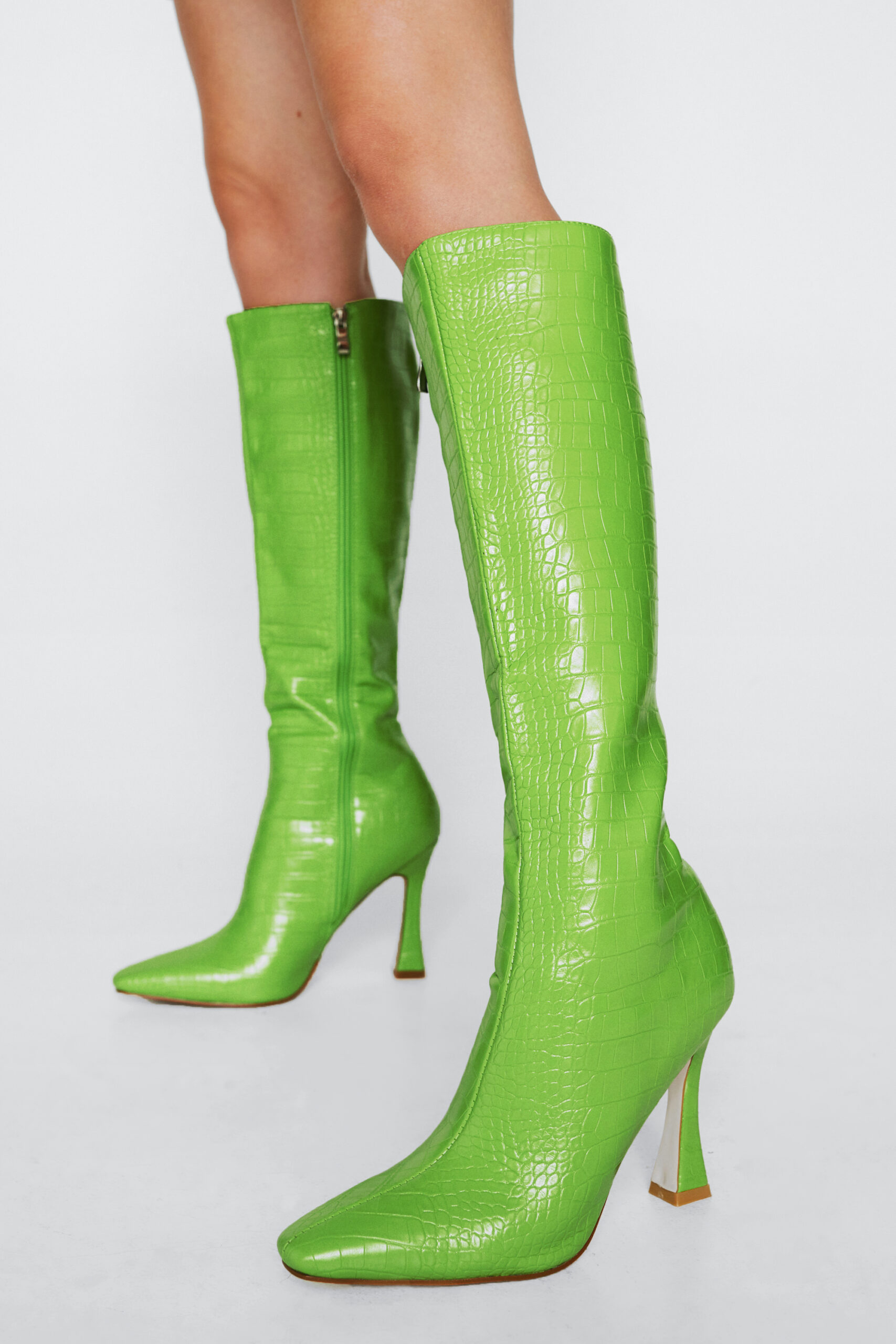 Faux Leather Crocodile Knee High Boots 