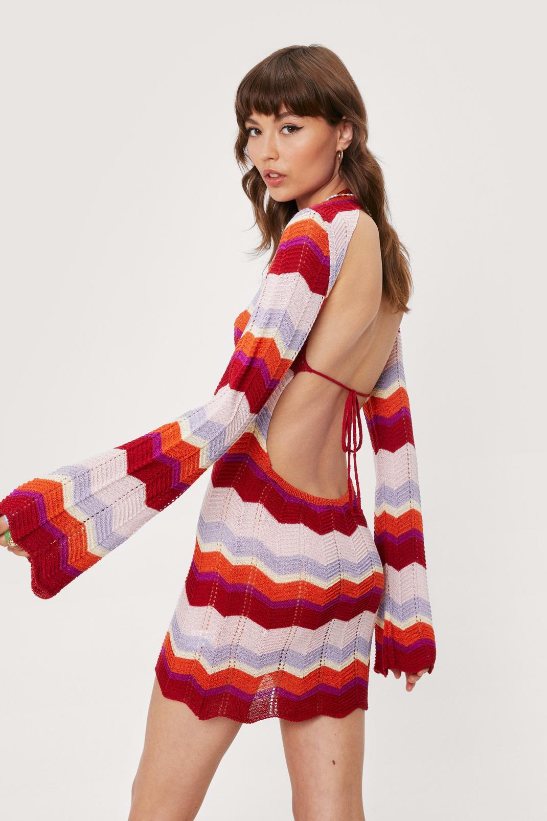 Crochet Stripe Open Back Mini Dress