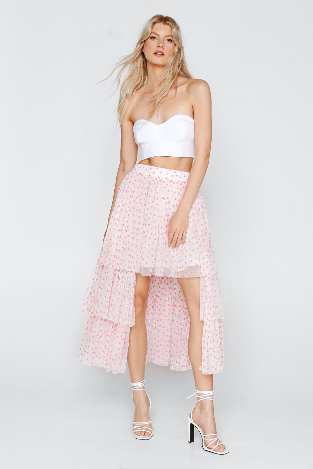 Heart Print Tulle Tiered Maxi Skirt