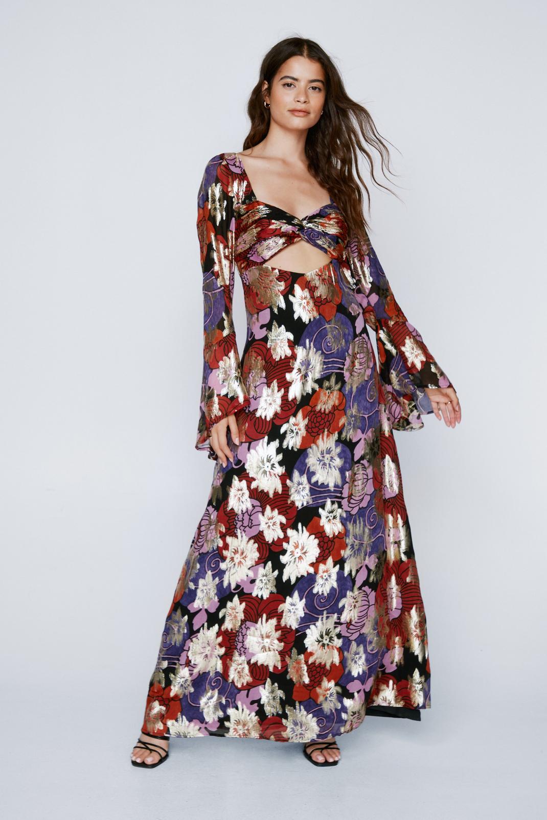 Metallic Floral Long Sleeve Maxi Dress