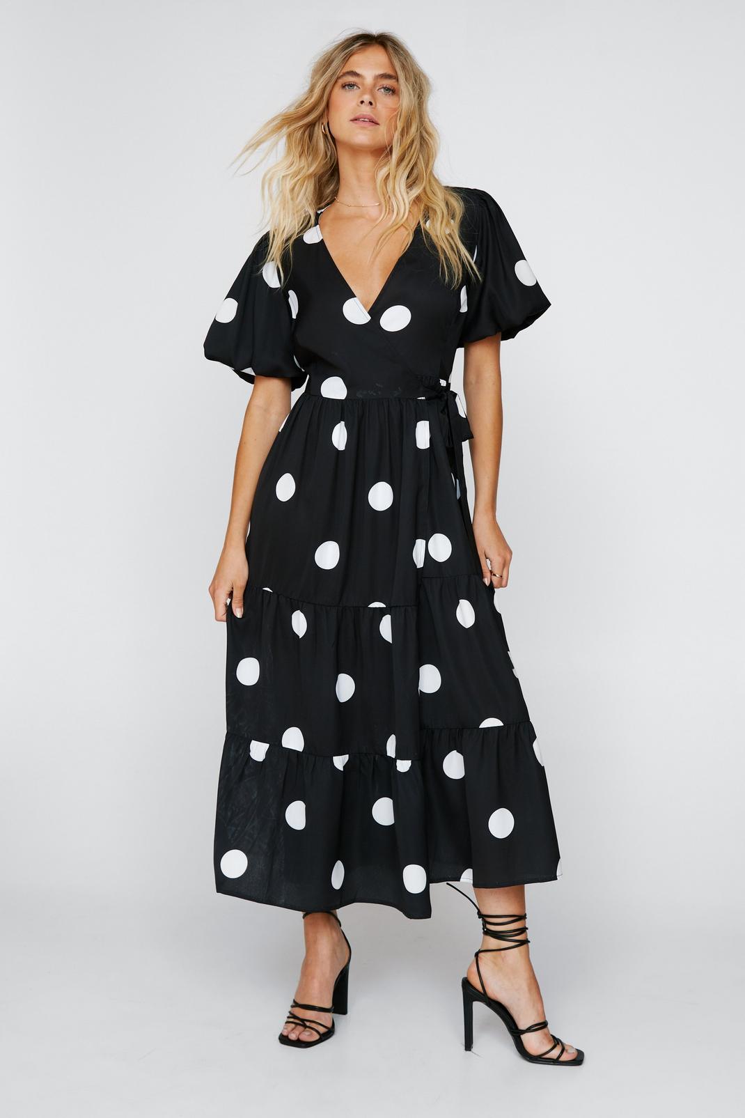 Polka Dot Print Wrap Midi Dress