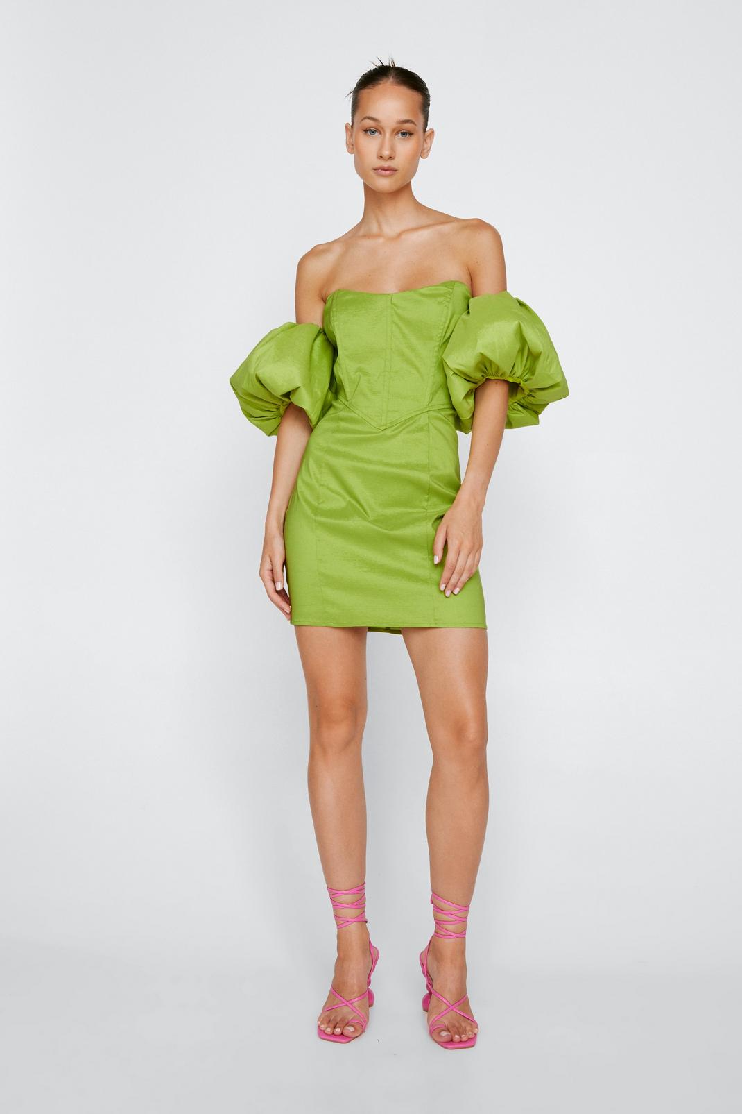 Taffeta Bardot Puff Sleeve Mini Dress