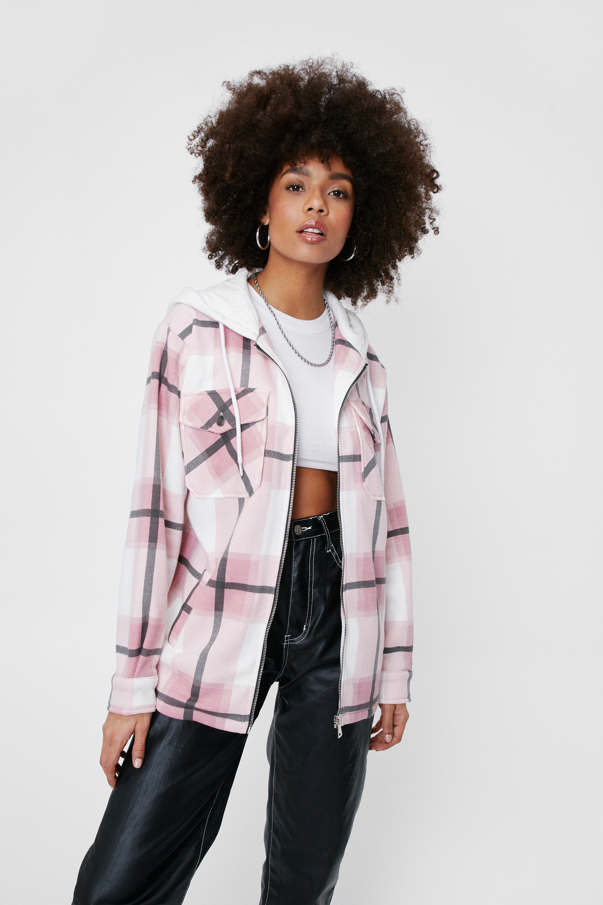 Check Print Oversized Hooded Shirt Jacket