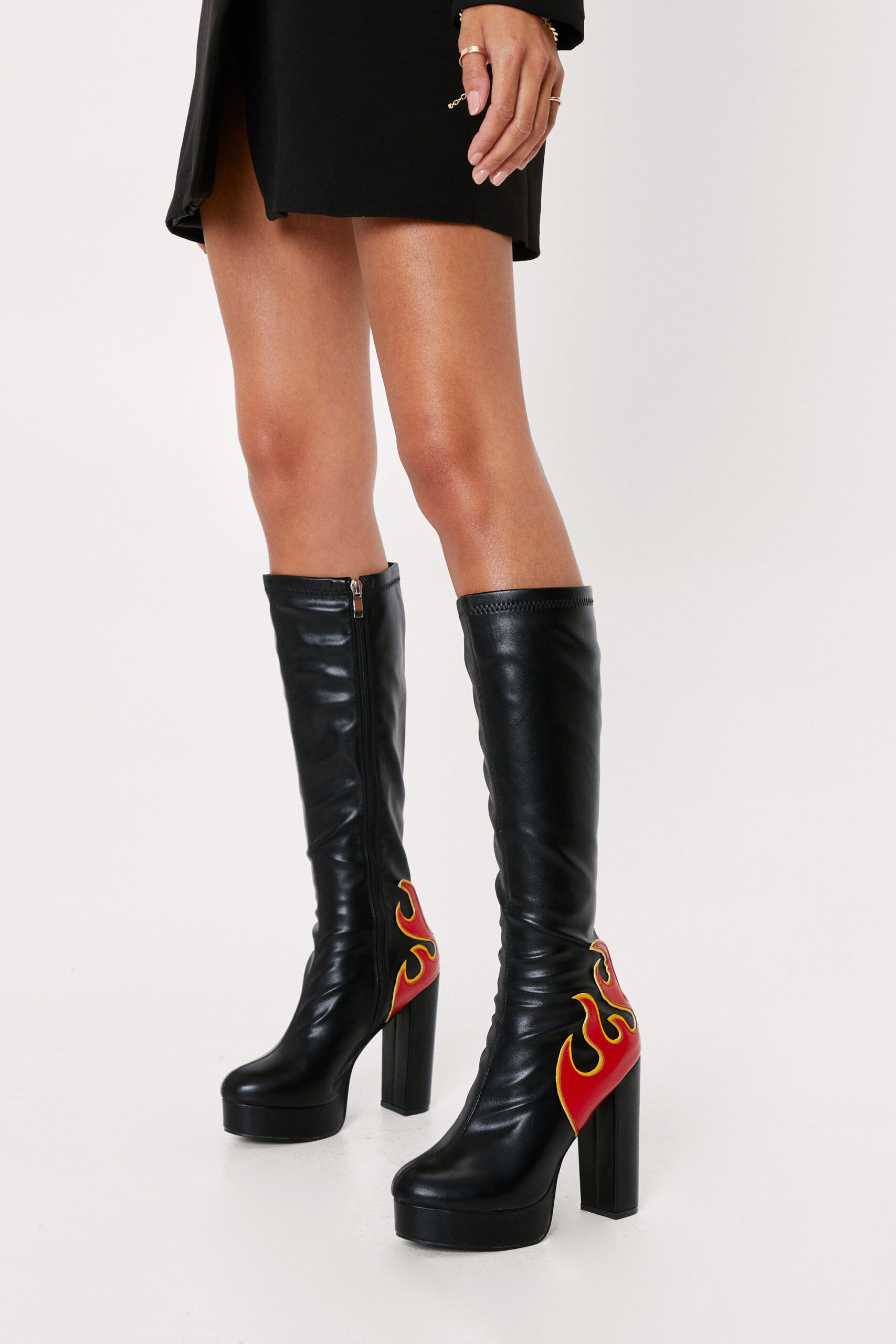 Faux Leather Flame Platform Knee High Boots