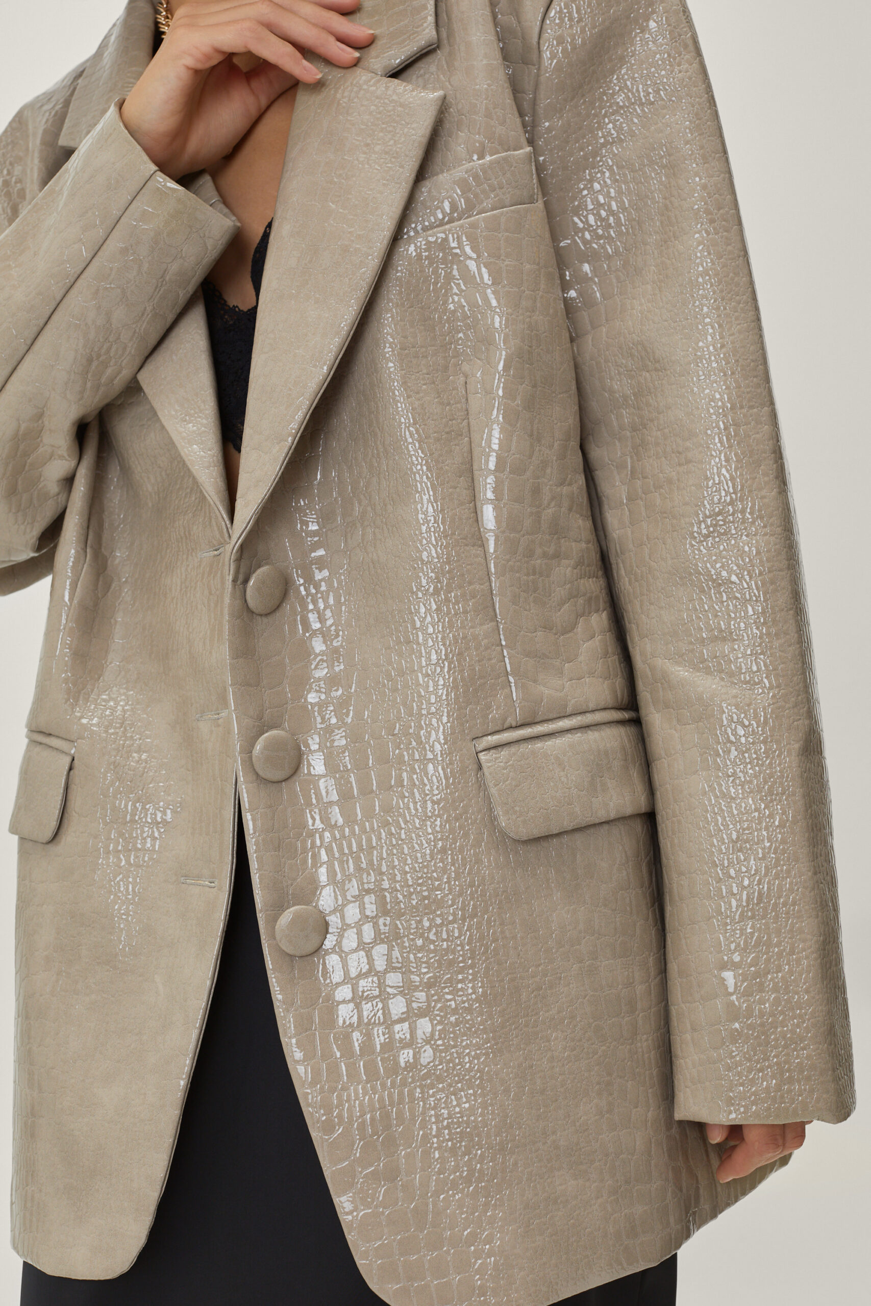 Faux Leather Croc Embossed Oversized Blazer 