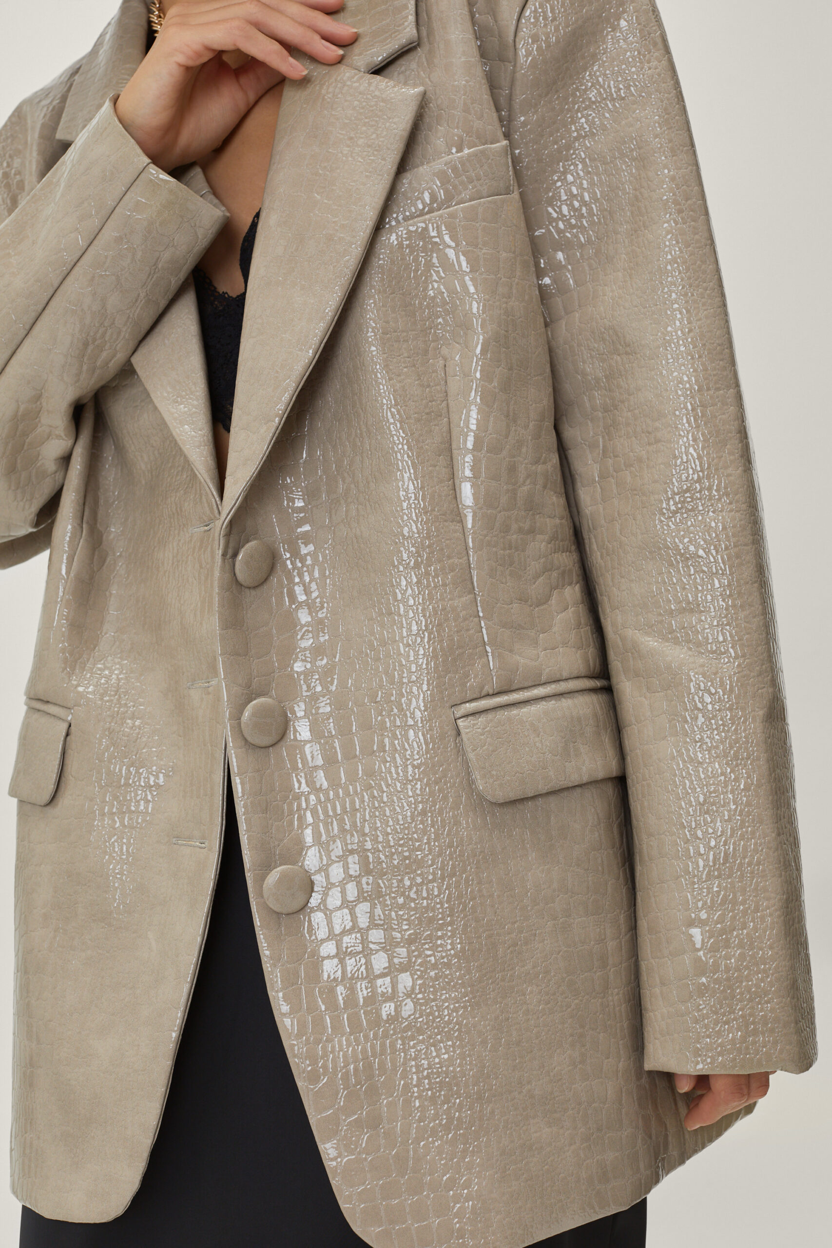 Faux Leather Croc Embossed Oversized Blazer