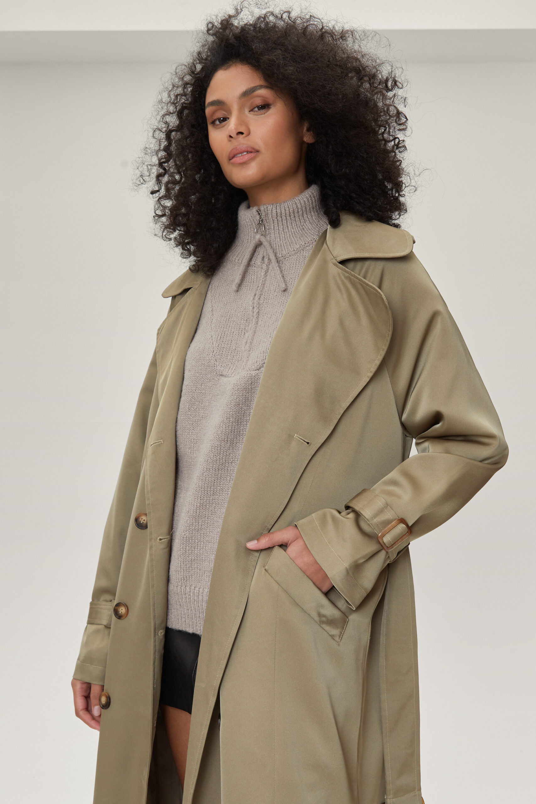 Satin Longline Double Breasted Belted Trench Coat 