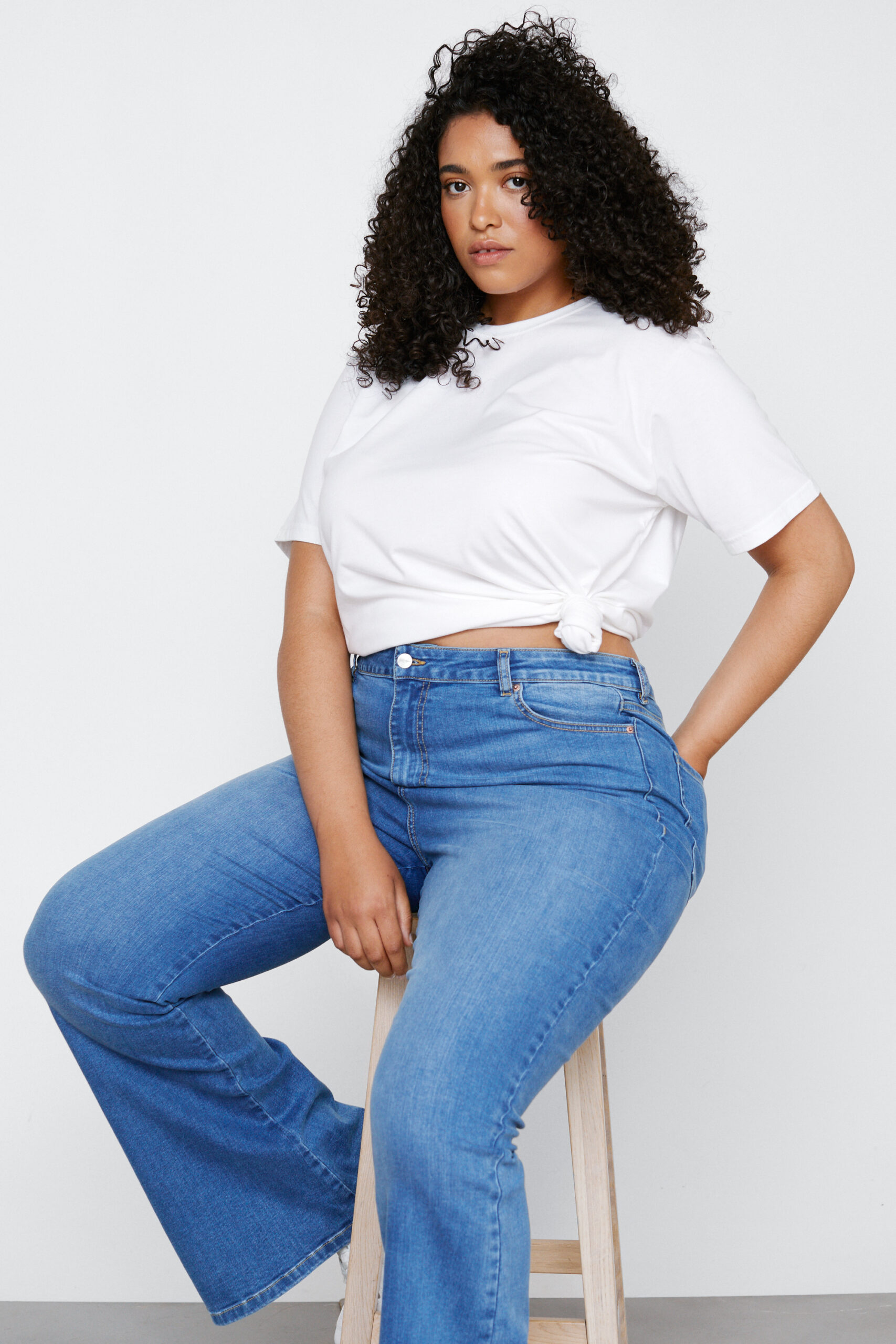 Plus Size High Waisted Stretch Denim Flare Pants 