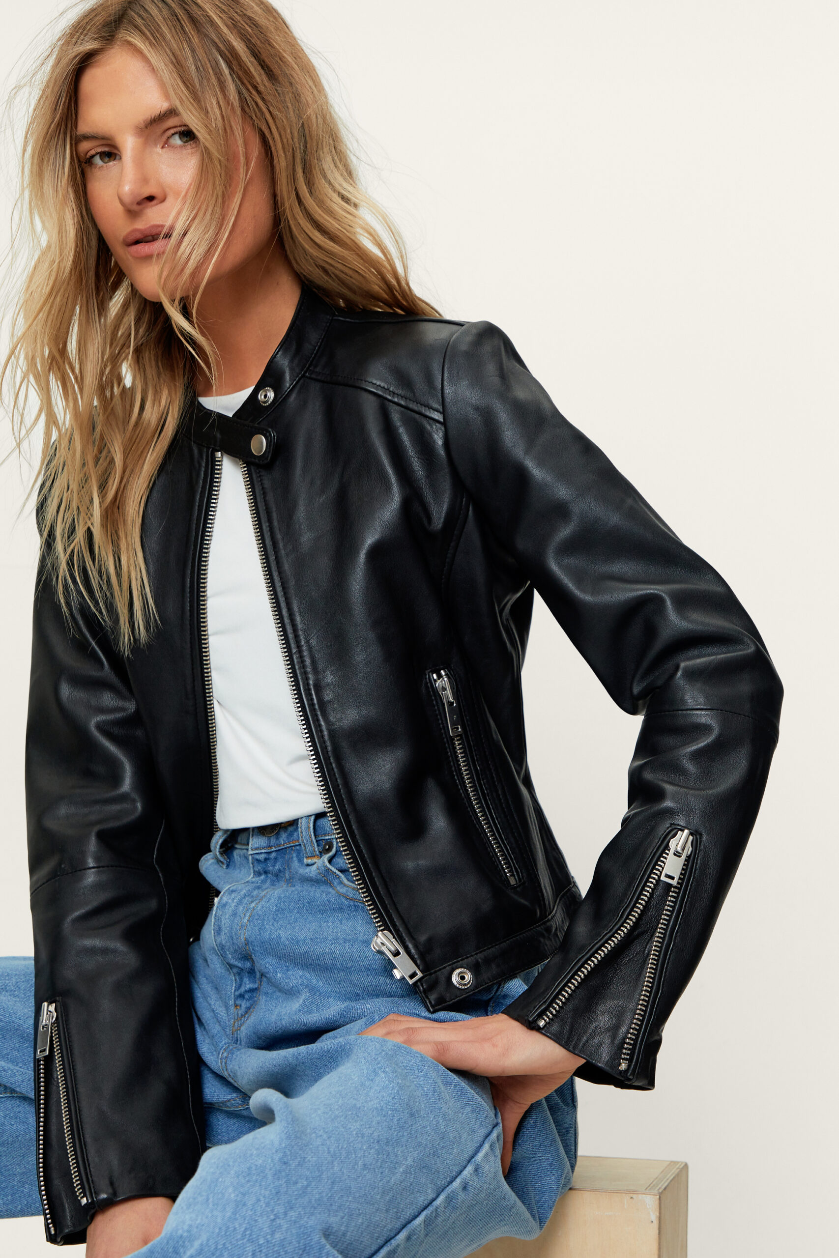 Real Leather Collarless Biker Jacket 