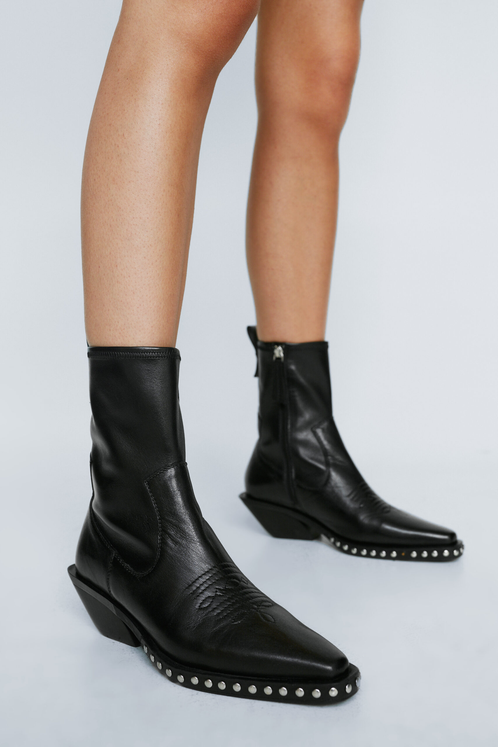 Leather Studded Ankle Sock Boots 