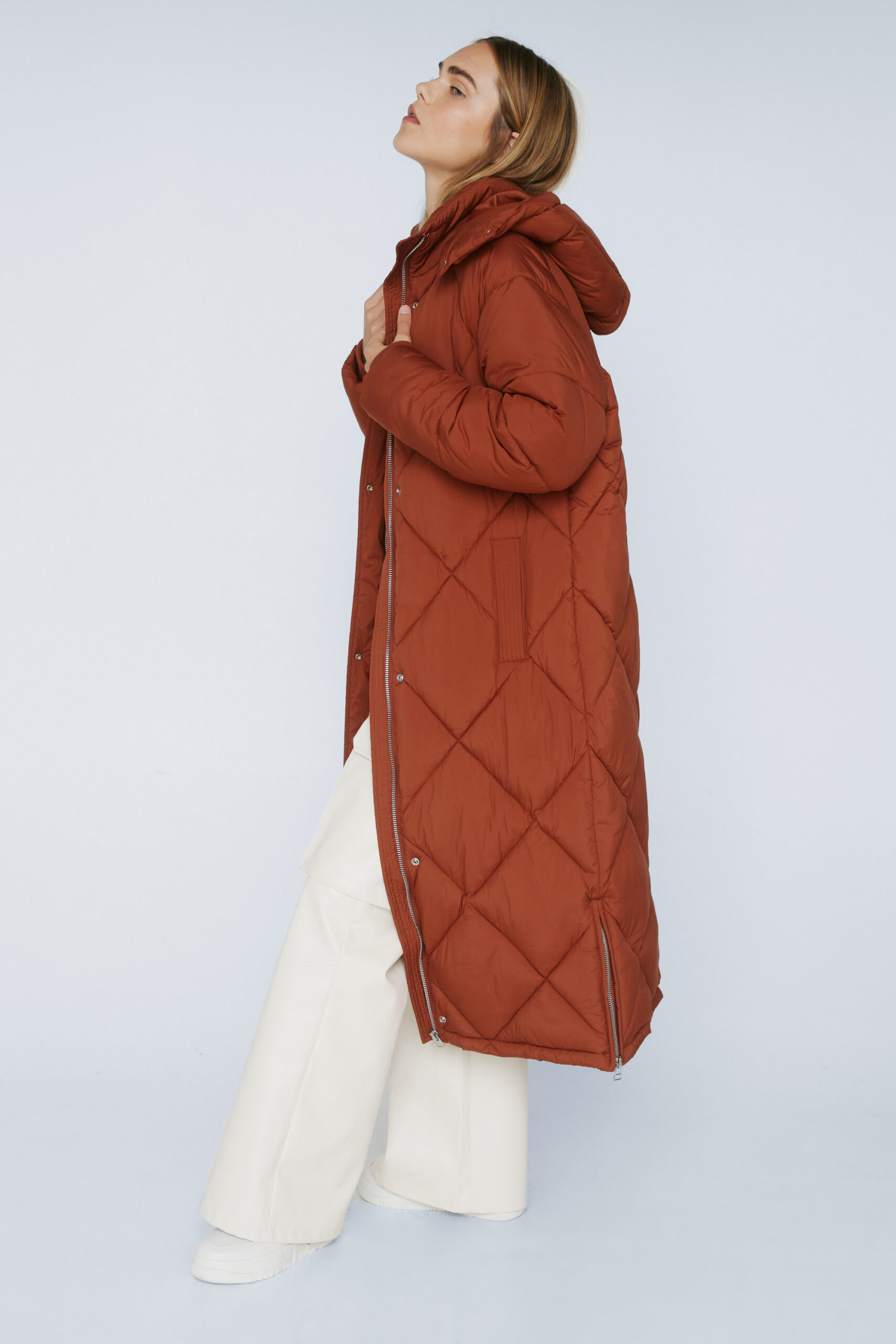 Diamond Quilted Longline Puffer Hooded Jacket 