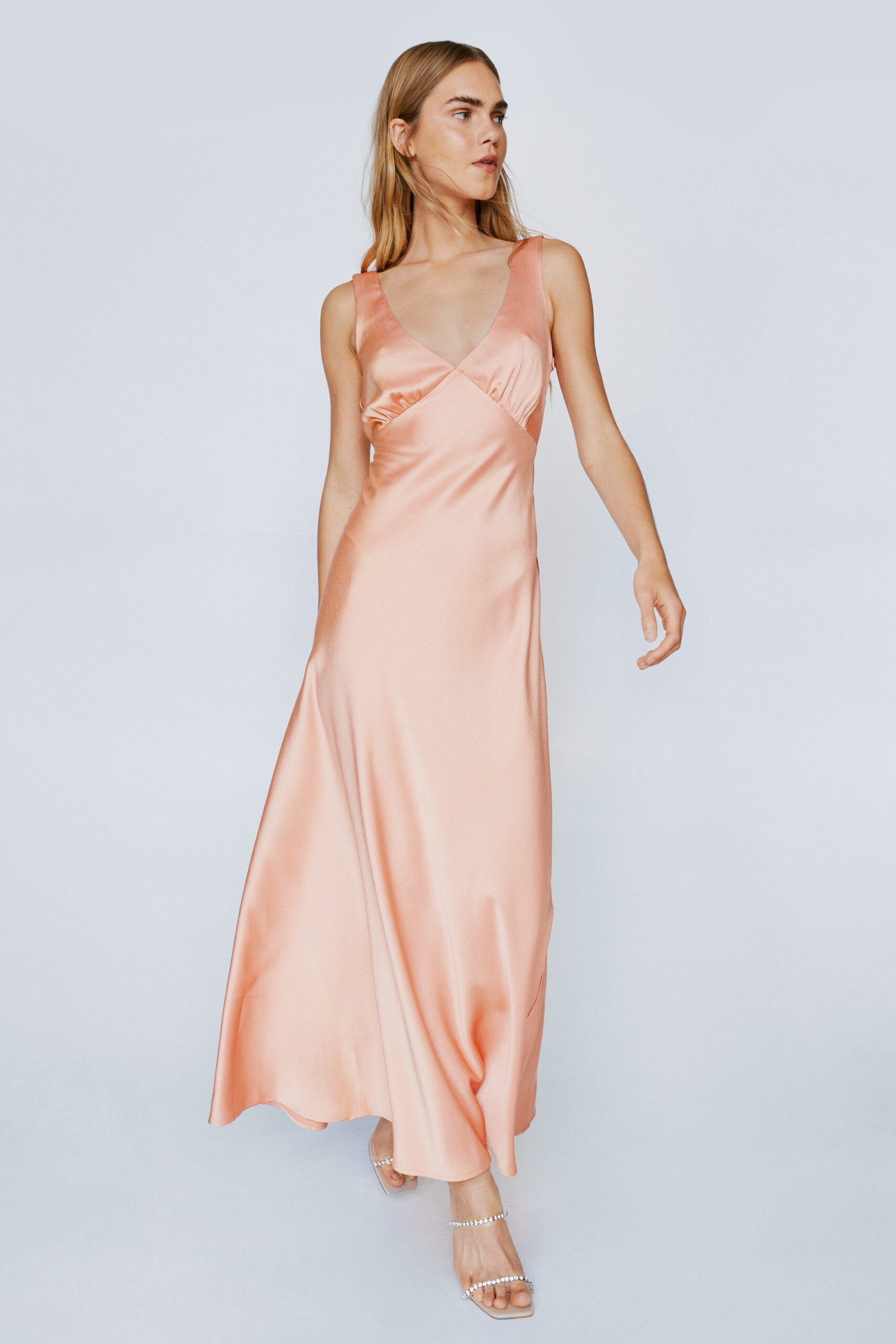 Plunge Neck Crinkle Satin Maxi Dress