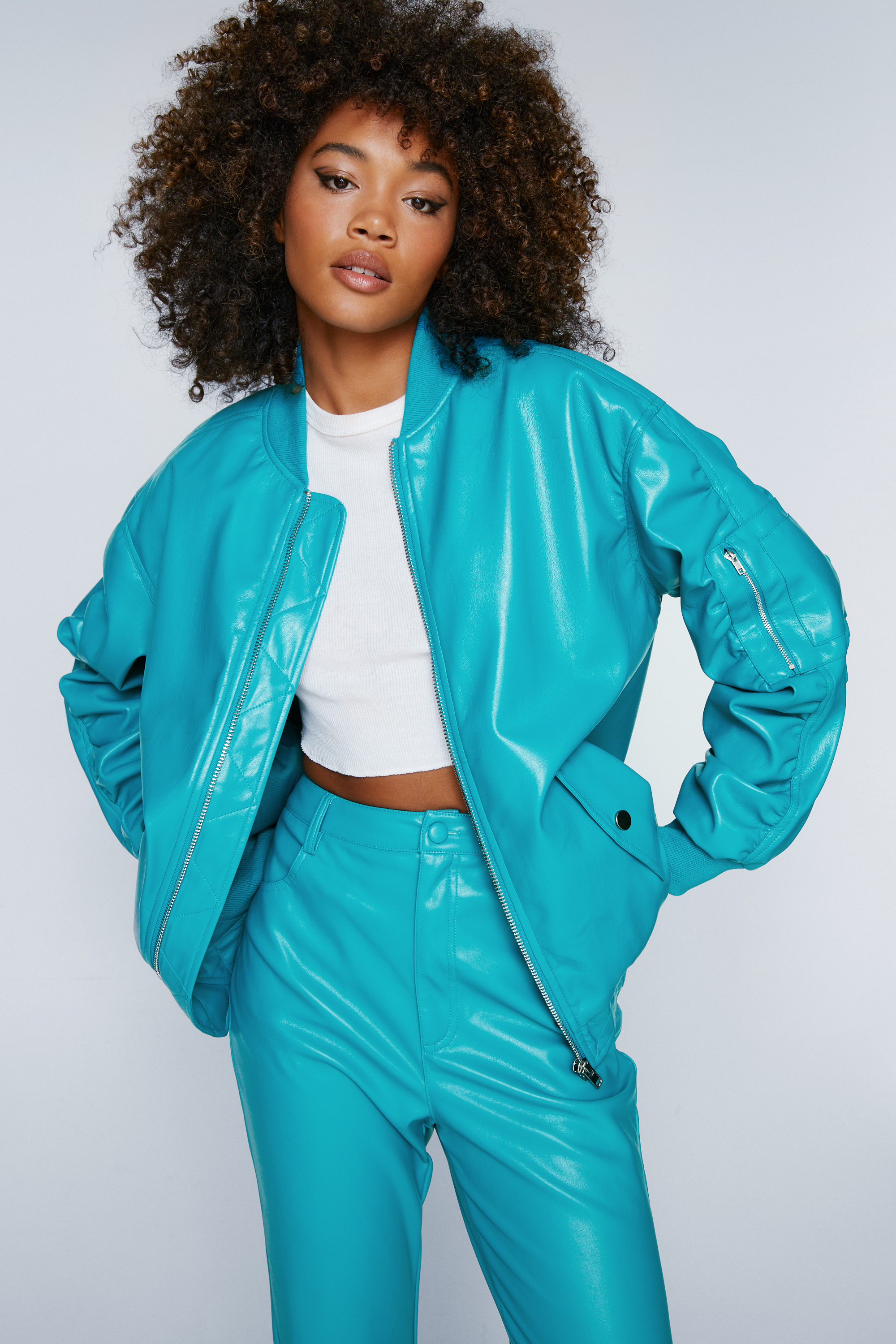 Faux Leather Ruched Sleeve Bomber Jacket