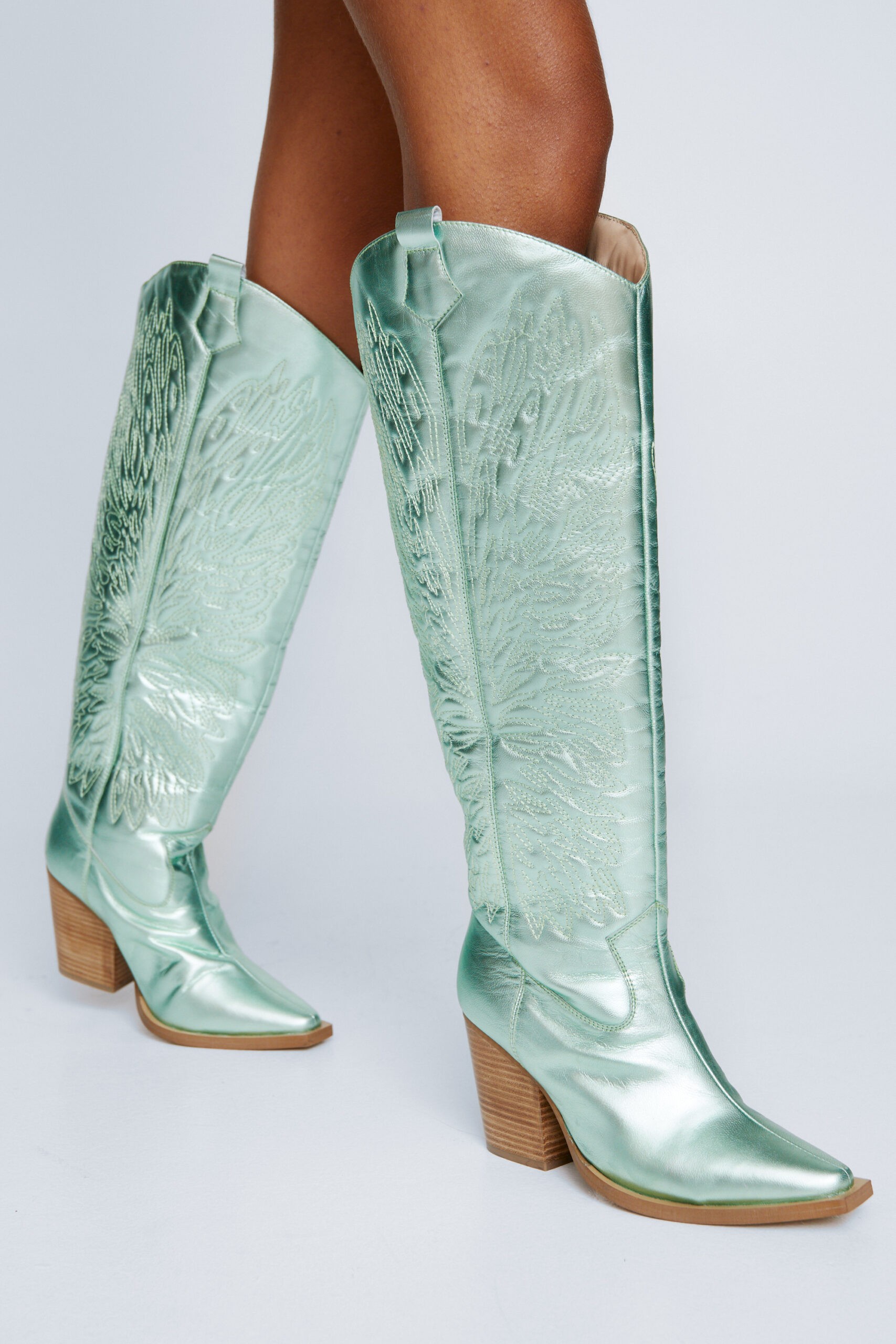 Leather Metallic Butterfly Embroidery Knee High Cowboy Boots