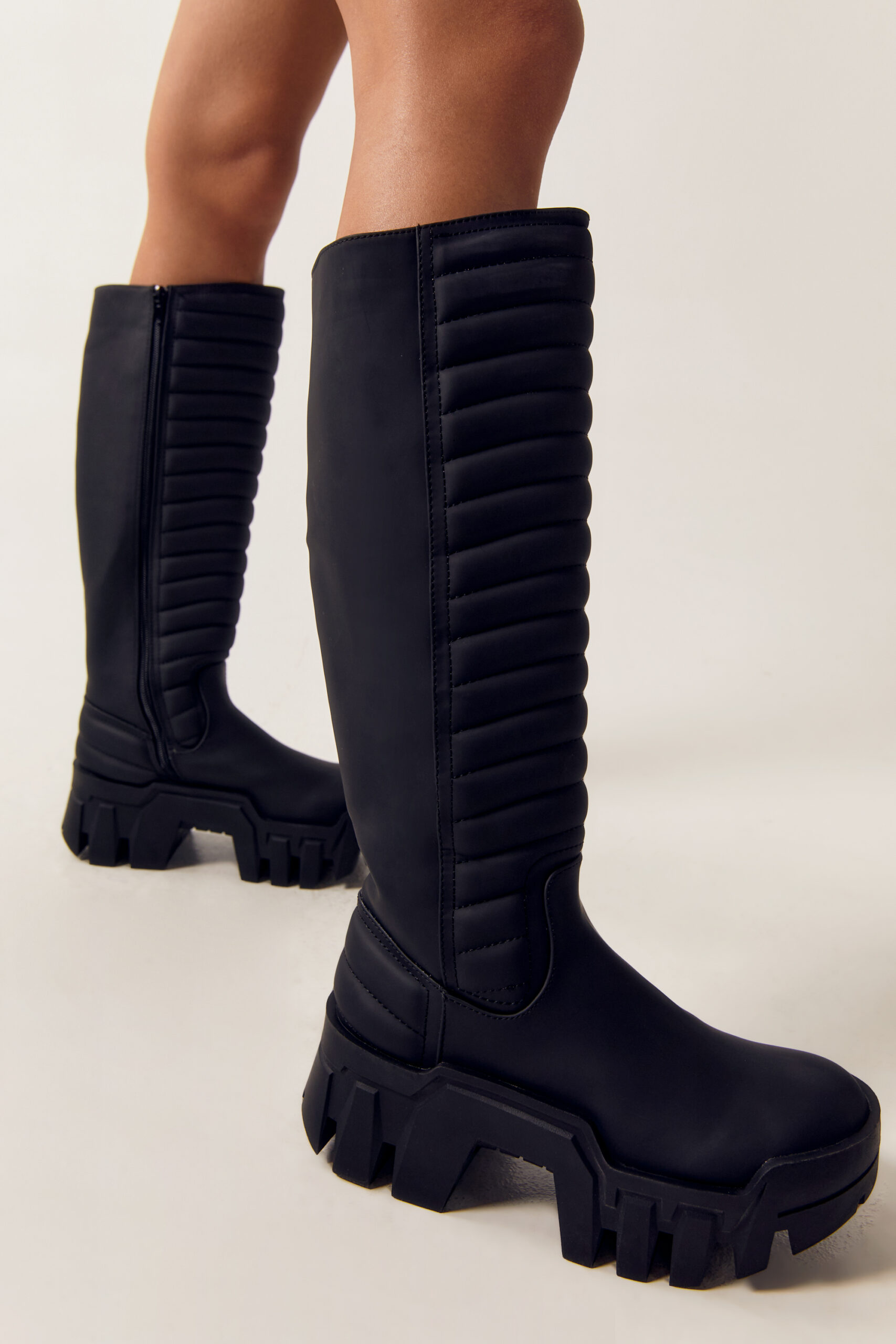 Faux Leather Motocross Padded Chunky Knee High Boots